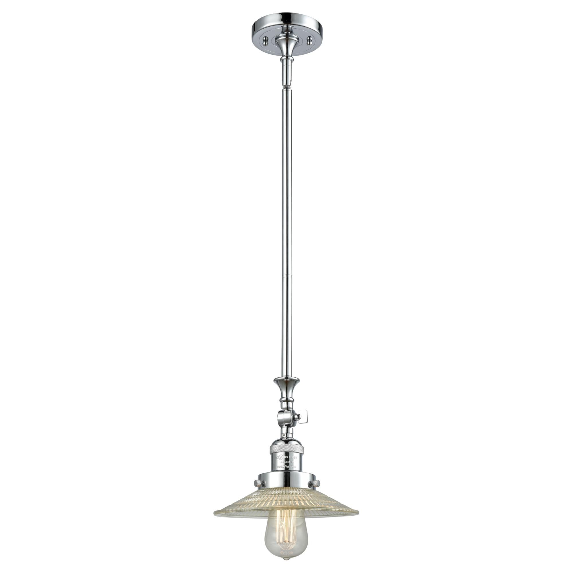 Shown in Polished Chrome finish and Clear Halophane glass