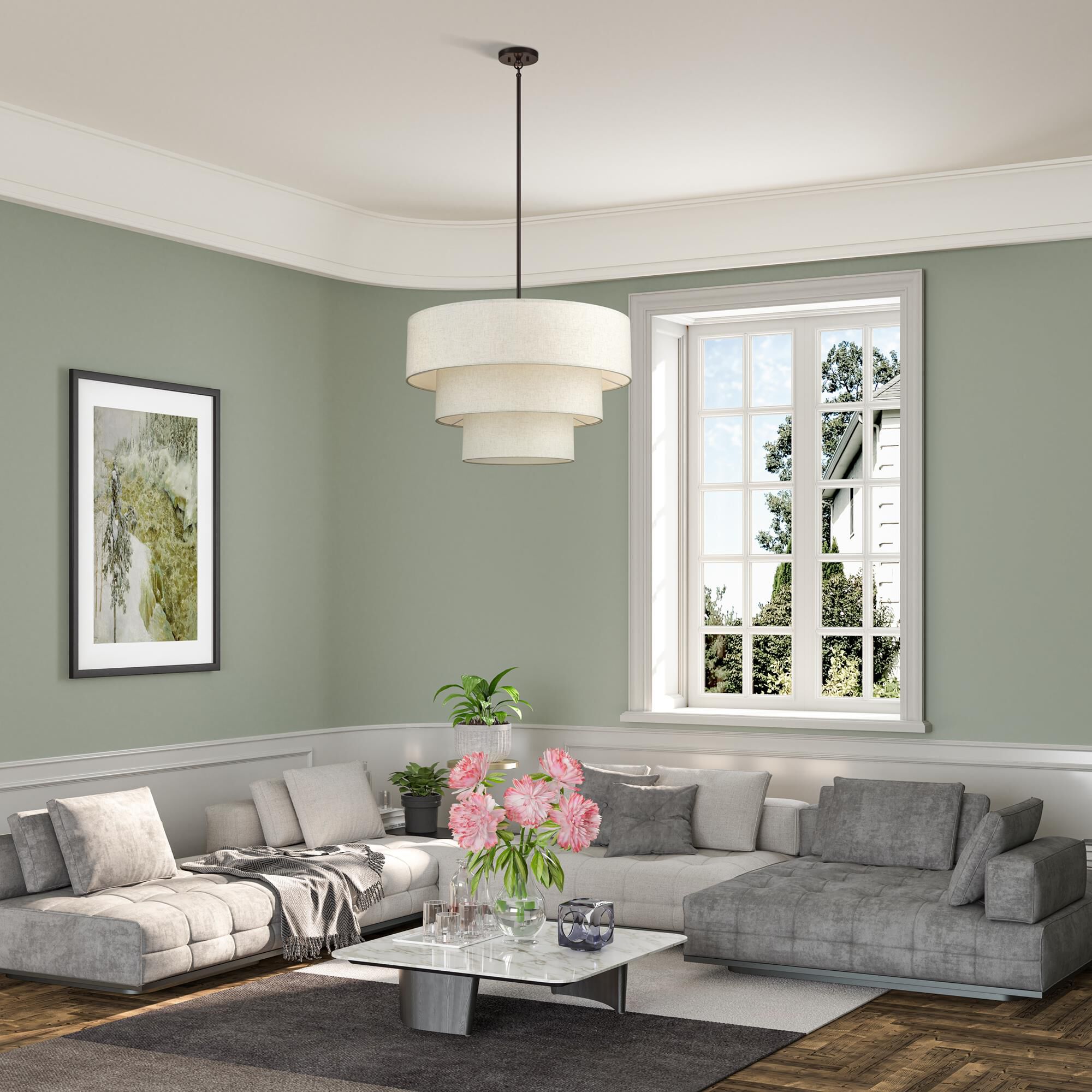 Shown in English Bronze finish and Hand Crafted Oatmeal Color Fabric with White Color Inside shade