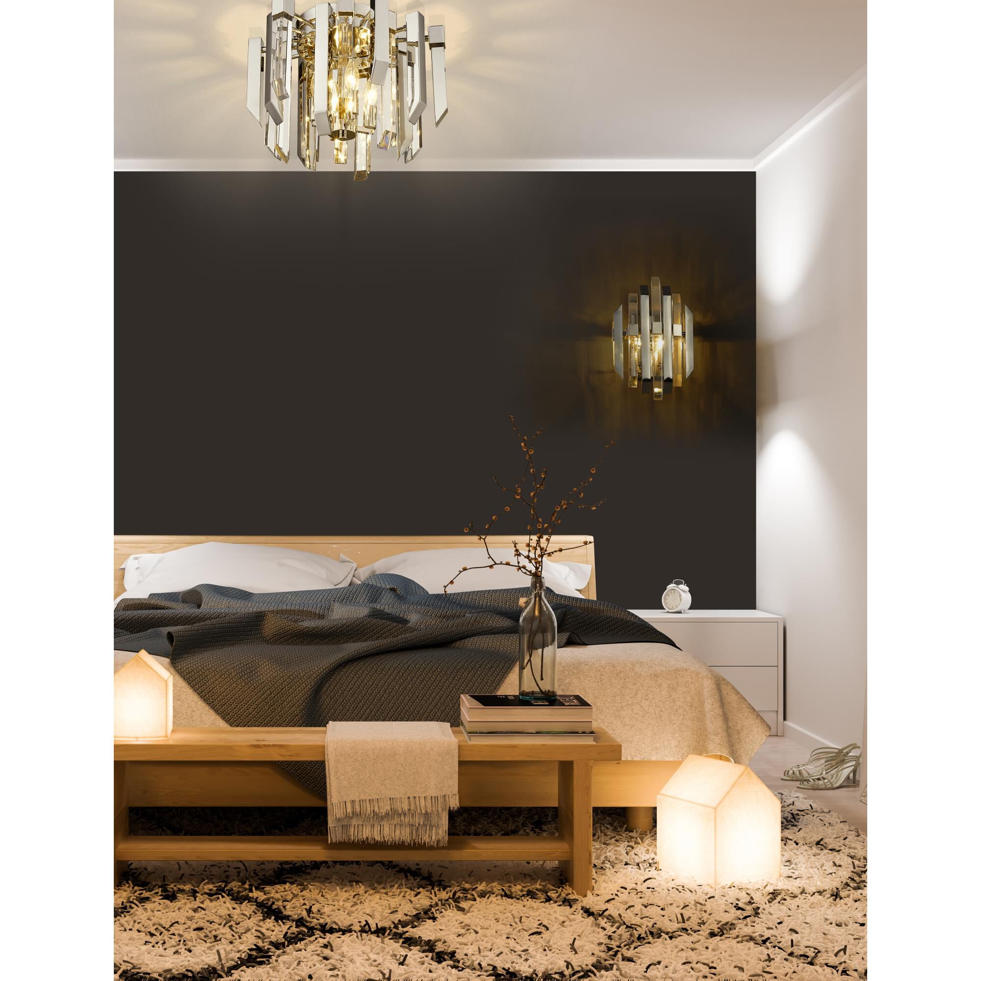 Shown in Polished Nickel finish and Crystal glass and Crystal shade