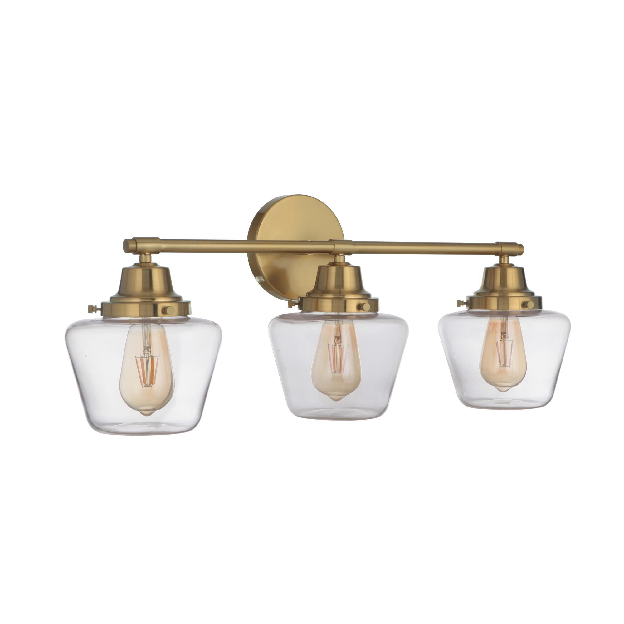 Shown in Satin Brass finish and Clear glass and Glass shade