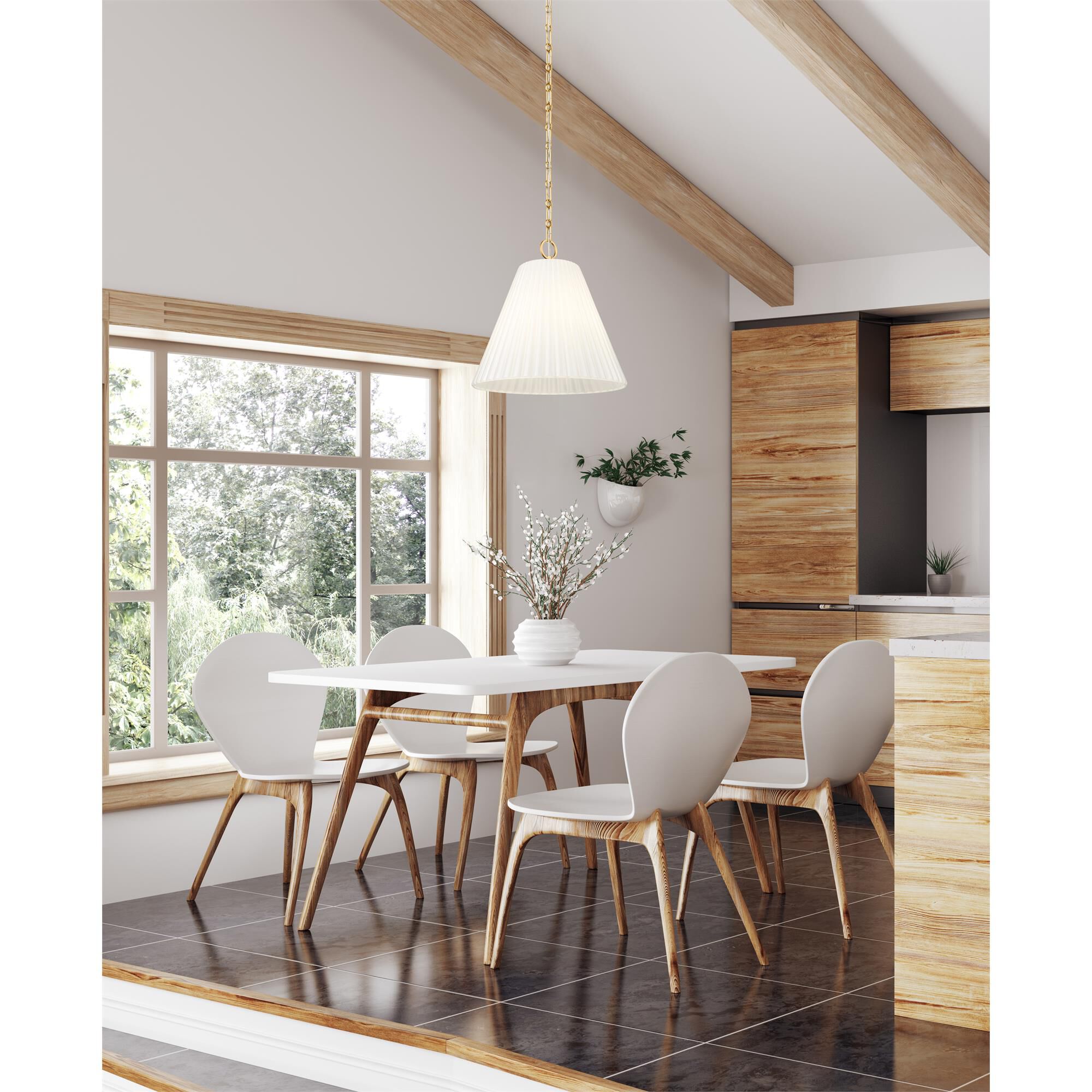 Shown in Modern Gold finish and White glass and White shade