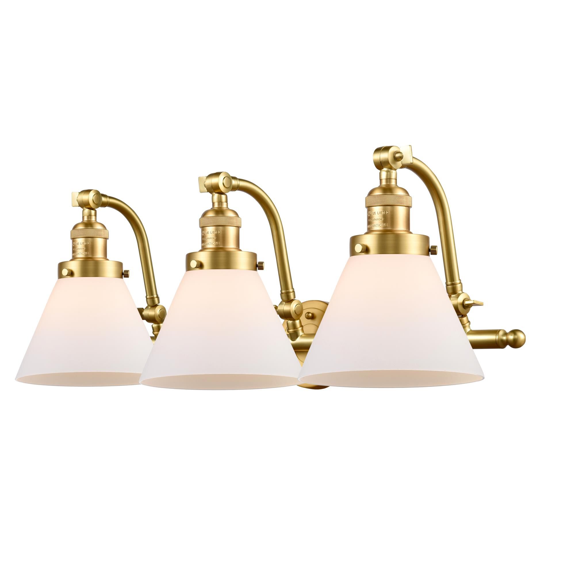 Shown in Satin Gold finish and Matte White Cased Large Cone glass