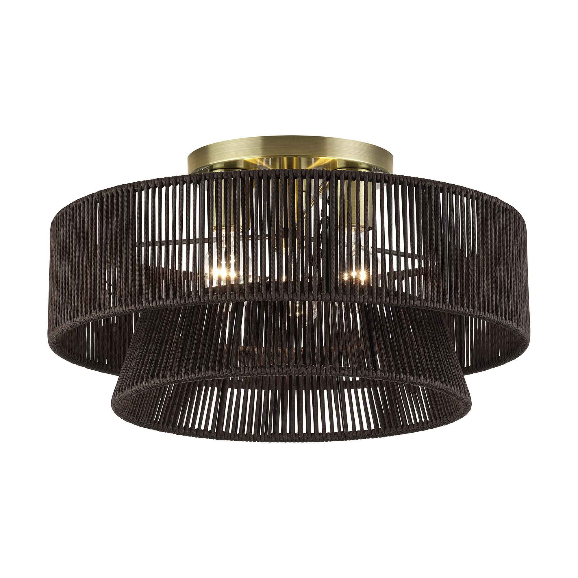 Shown in Antique Brass finish and Hand-Woven Dark Chocolate Color Polyester Rope shade