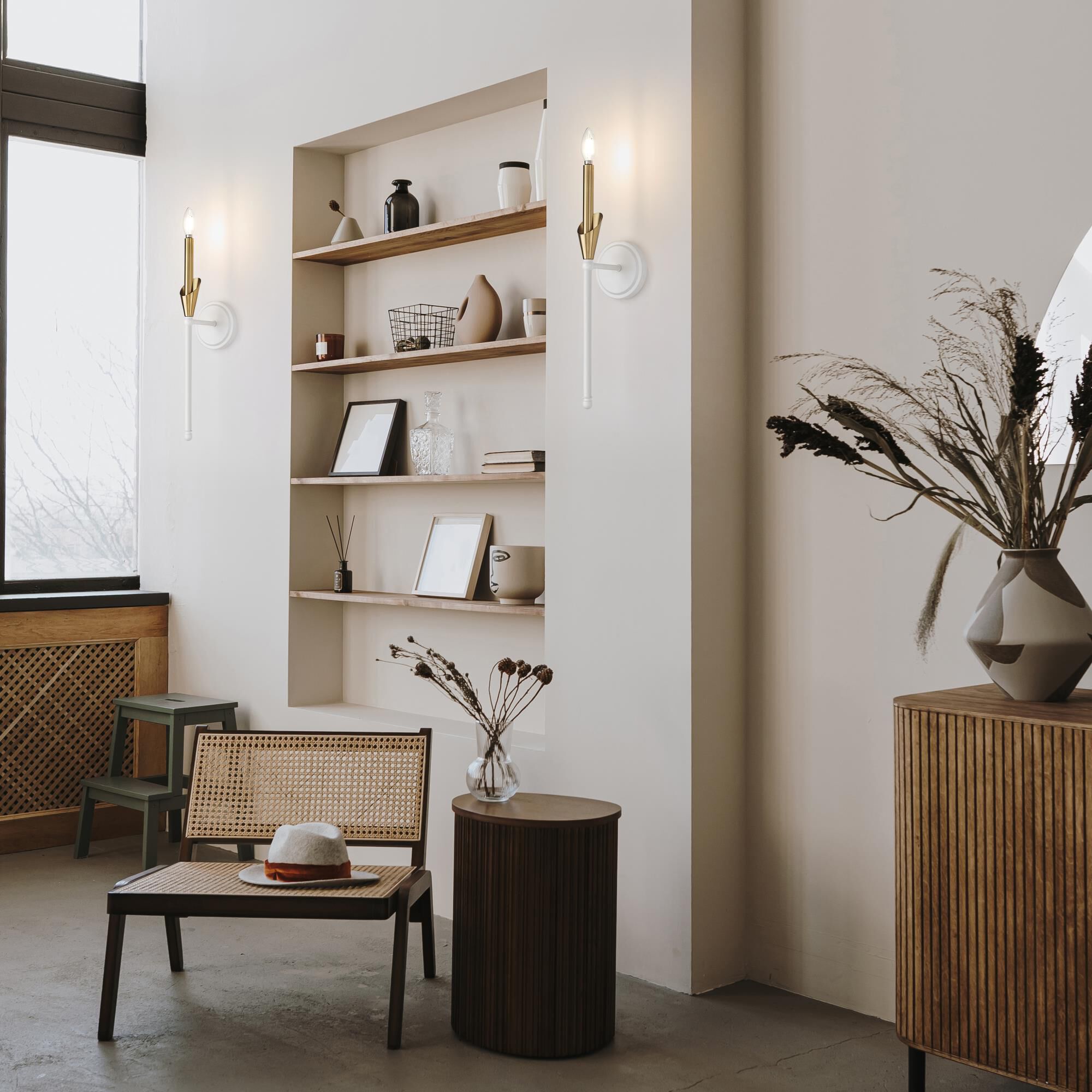 Shown in Textured White And Modern Gold finish and White glass and White shade