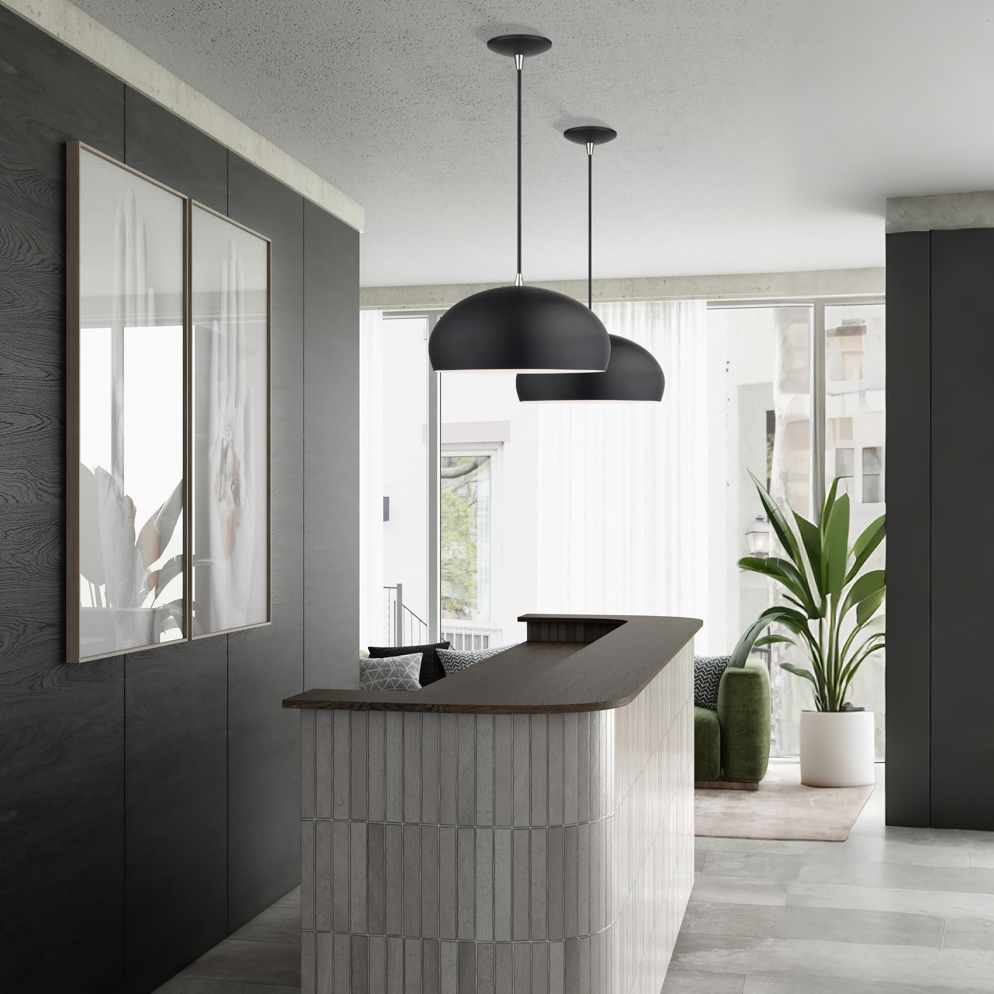 Shown in Black with Brushed Nickel Accents finish and Black Steel with Shiny White Inside shade