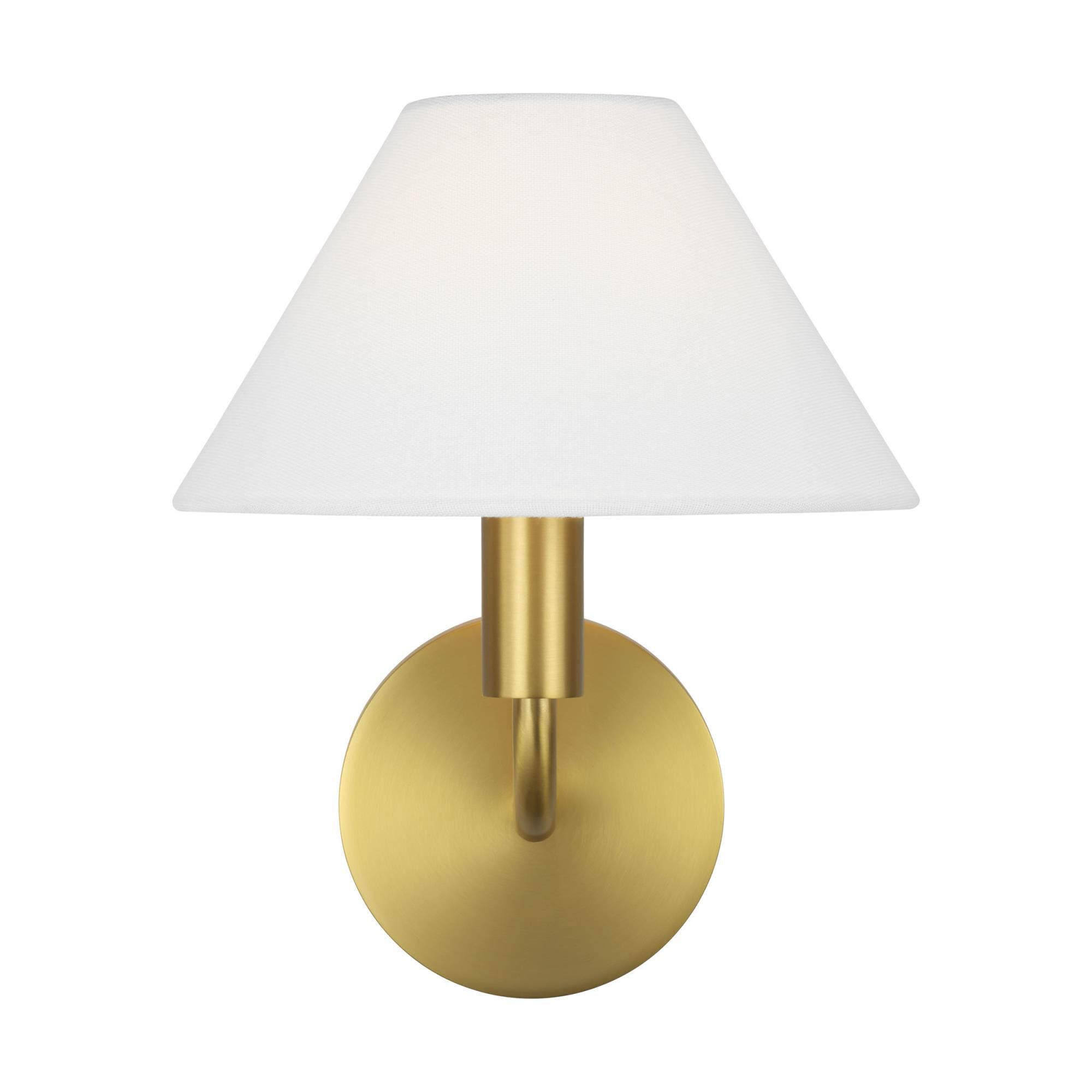 Shown in Burnished Brass finish and White Linen shade