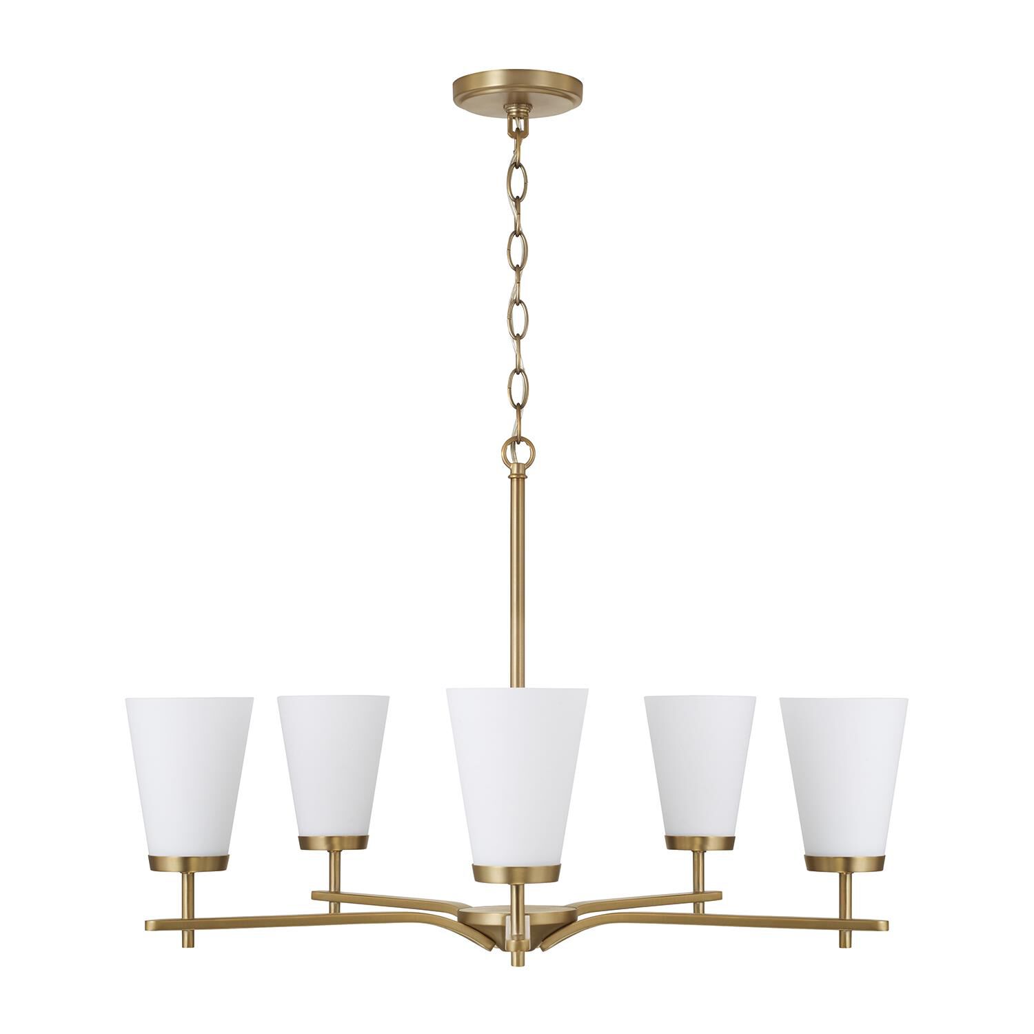 Shown in Aged Brass finish and Soft White glass