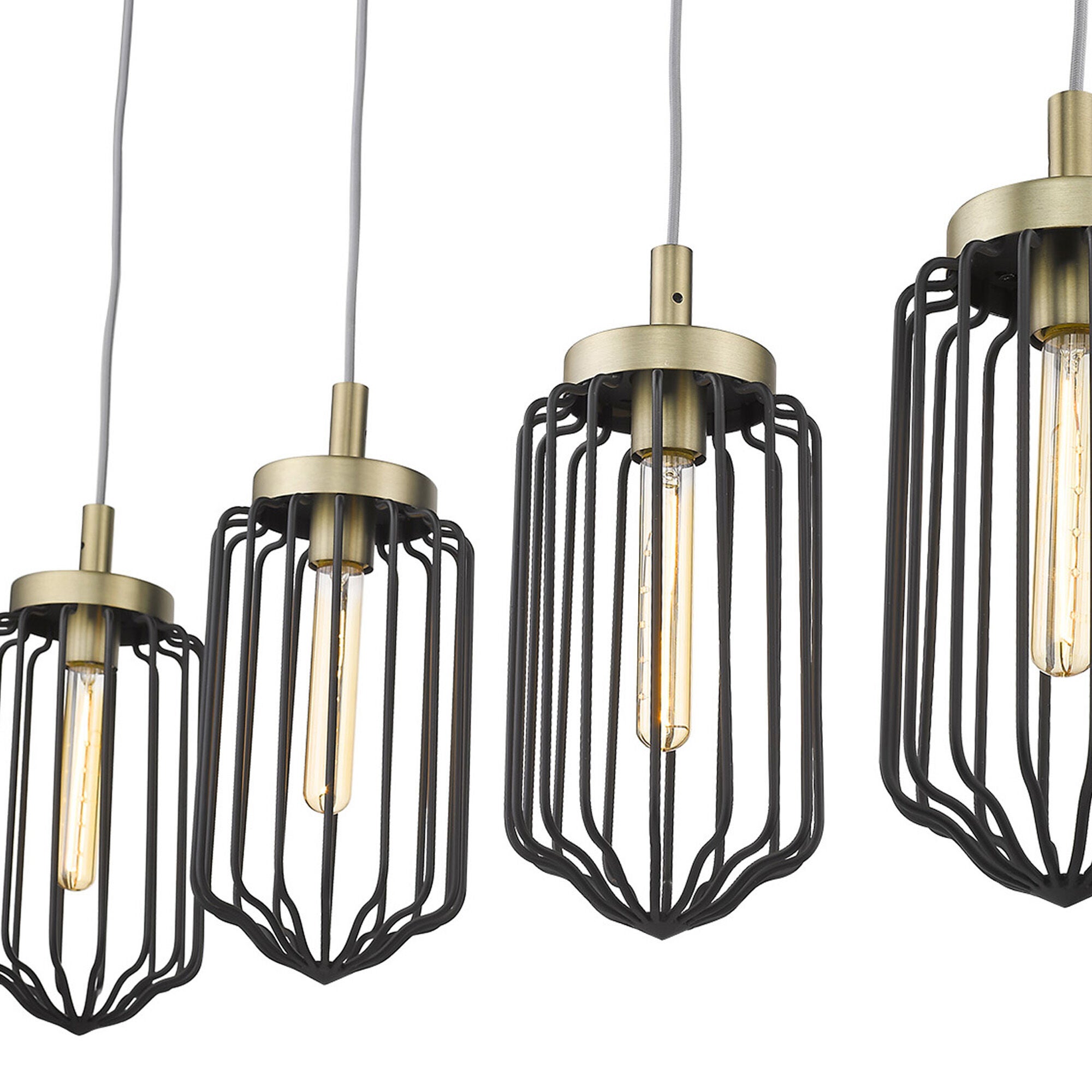 Shown in Aged Brass finish and Black glass and Black, Cylindrical Metal Cage s shade