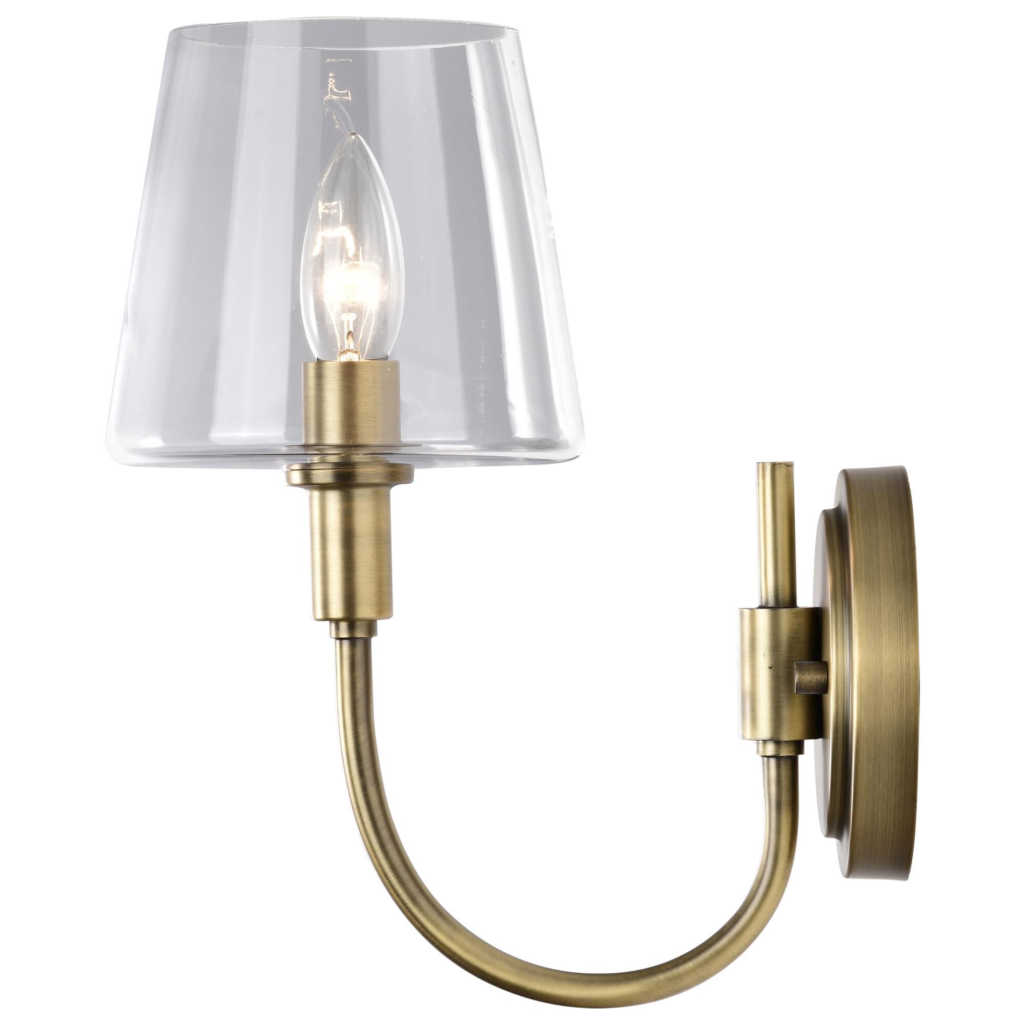 Shown in Vintage Brass finish and Clear glass and Glass shade