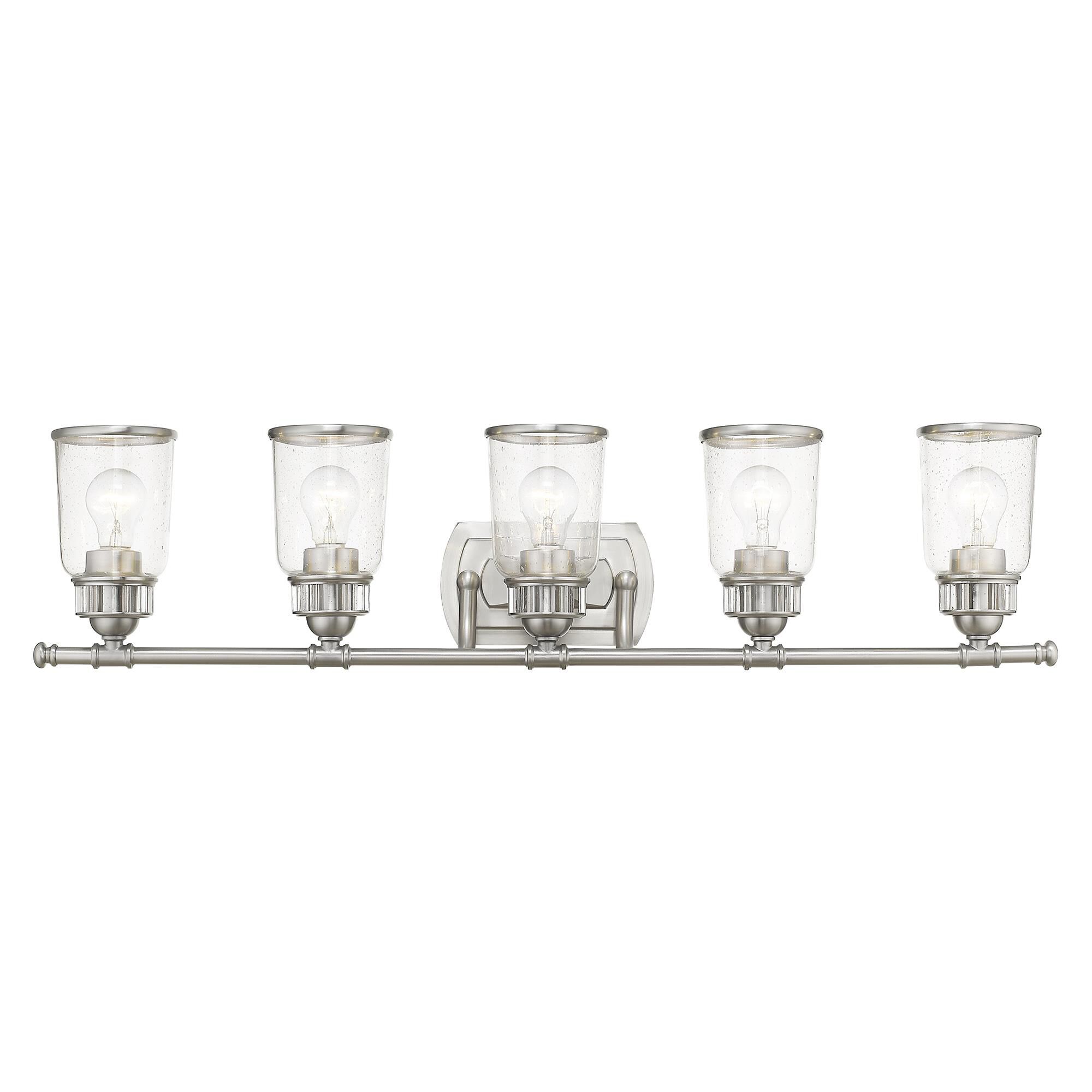 Shown in Brushed Nickel finish and Hand Blown Clear Seeded glass