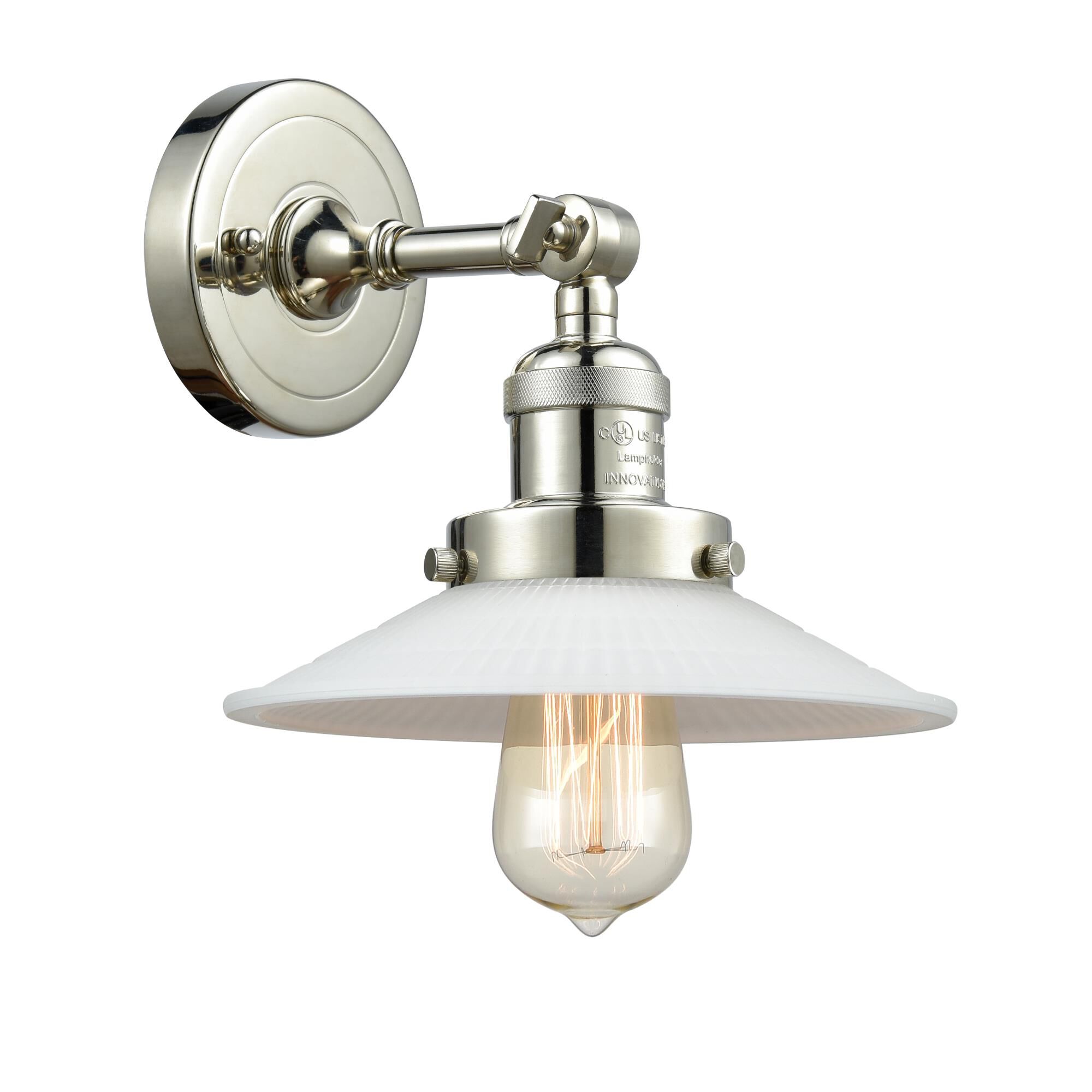 Shown in Polished Nickel finish and Matte White Halophane - Cone glass