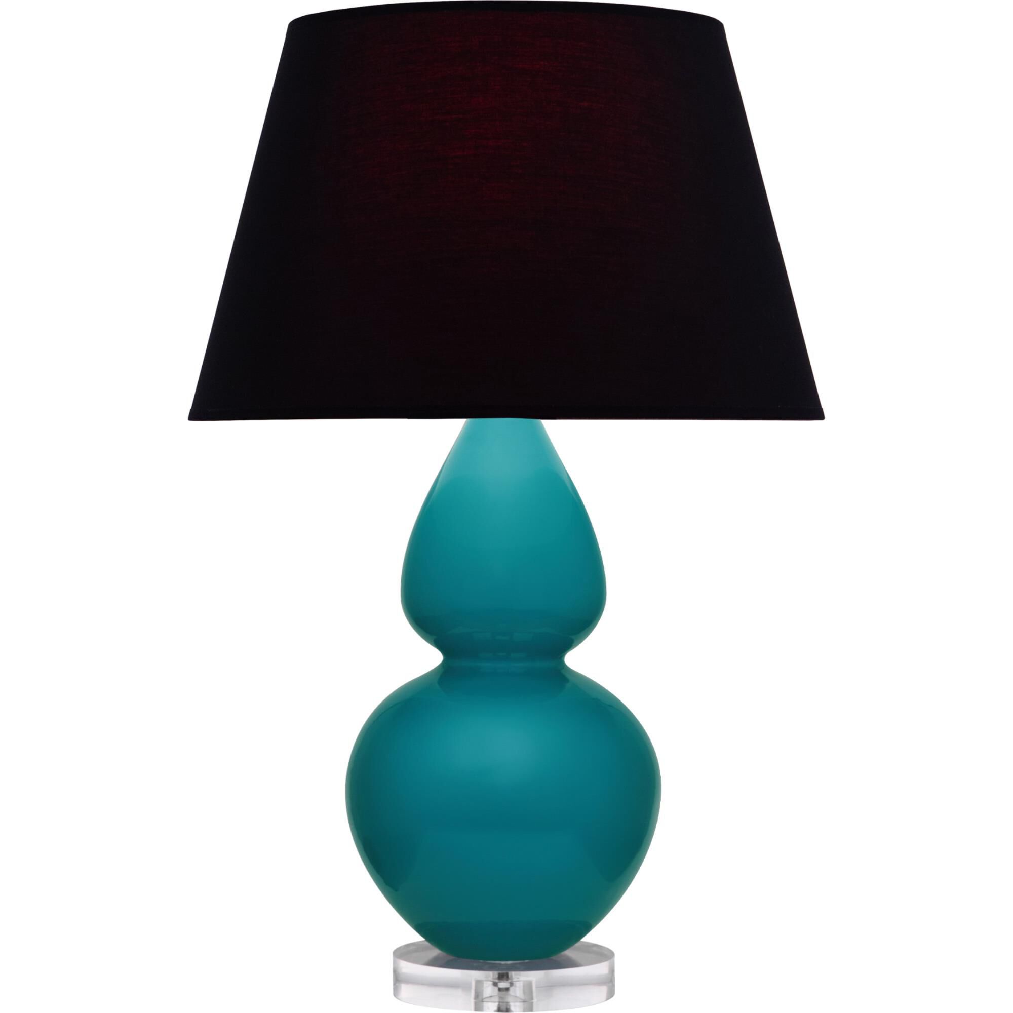 Shown in Peacock finish and Ink Black with Rose Red Lining shade and Lucite accent