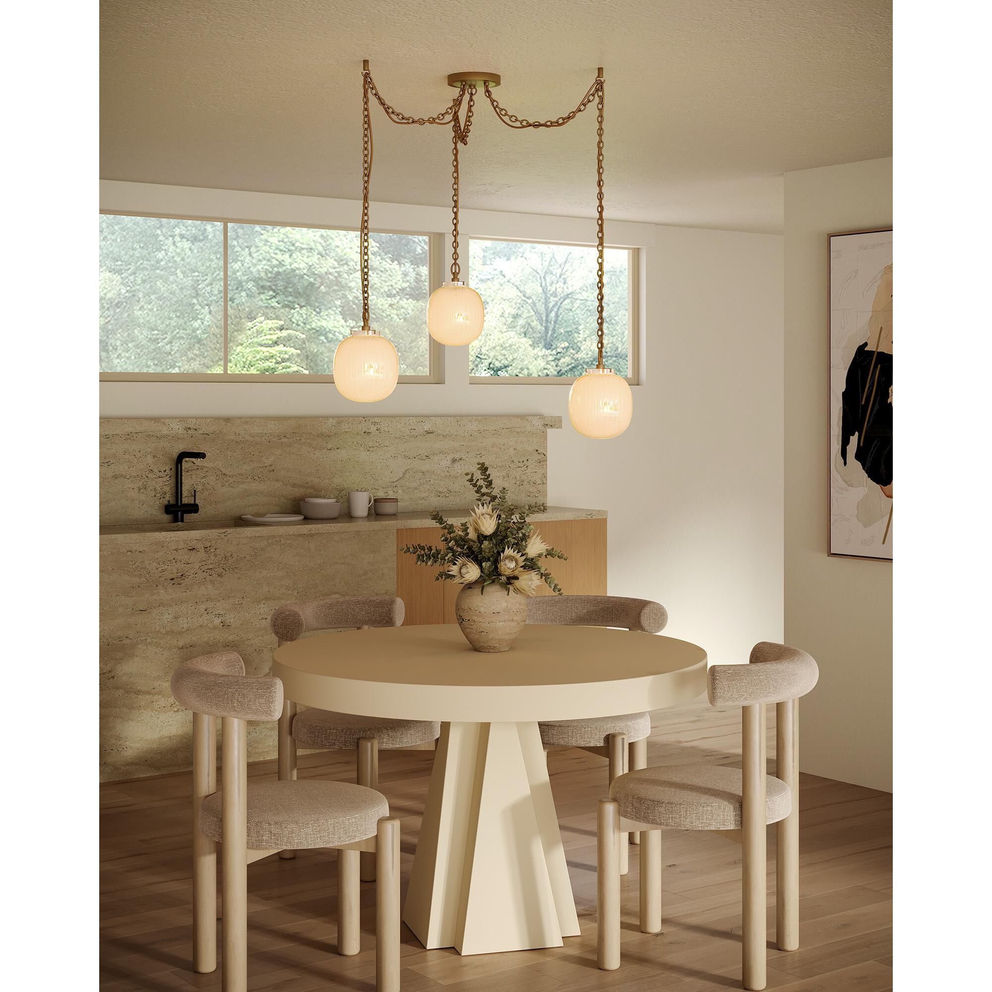Shown in Brushed Gold finish and Glossy Ribbed Opal glass