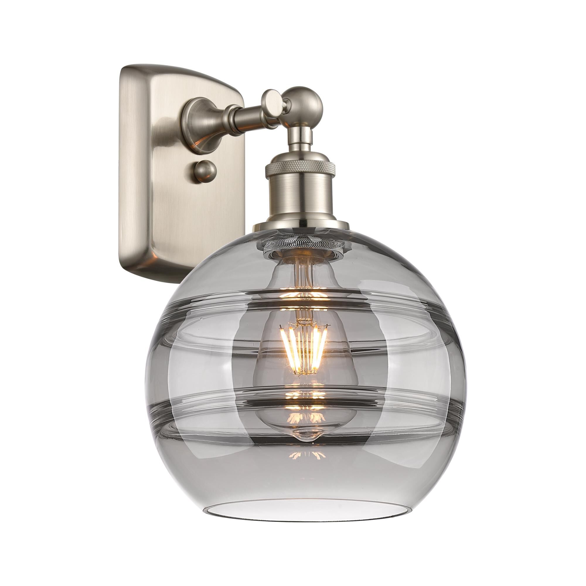 Shown in Brushed Satin Nickel finish and Light Smoke glass