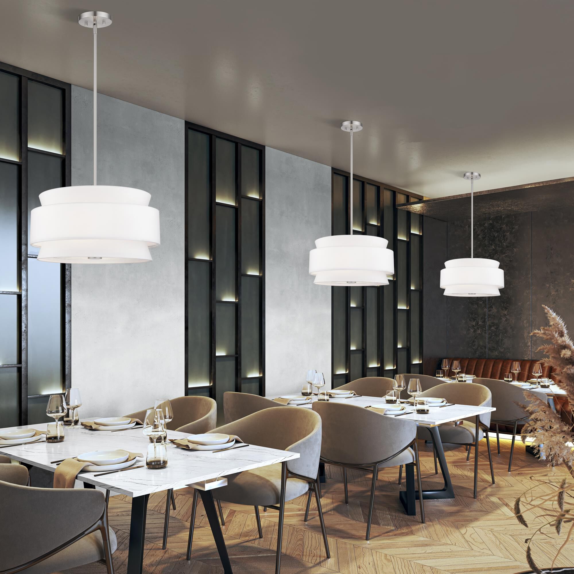 Shown in Brushed Nickel finish and Hand Crafted Off-White Fabric Hardbacks with White Fabric Inside shade