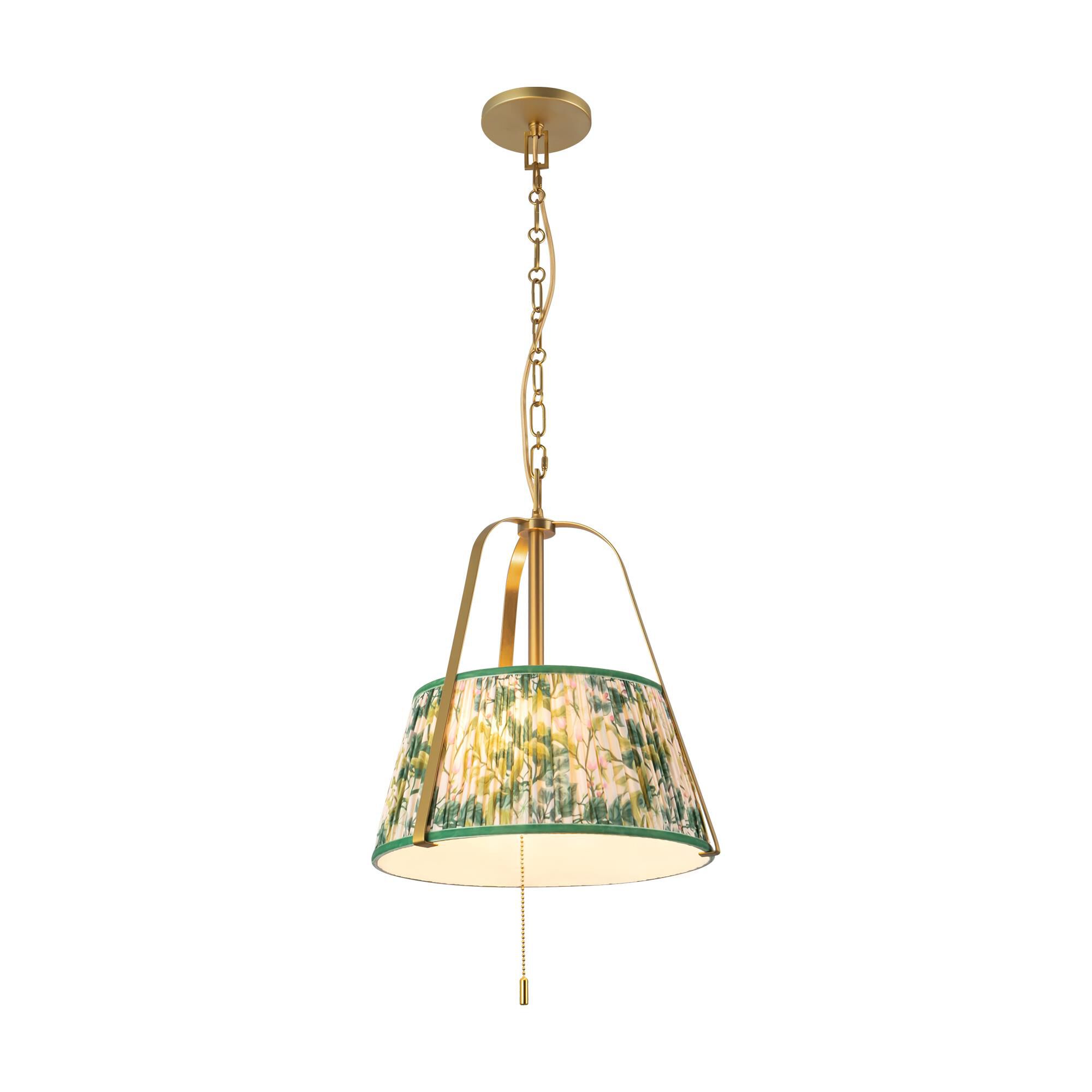 Shown in Brushed Gold finish and Green Linen shade
