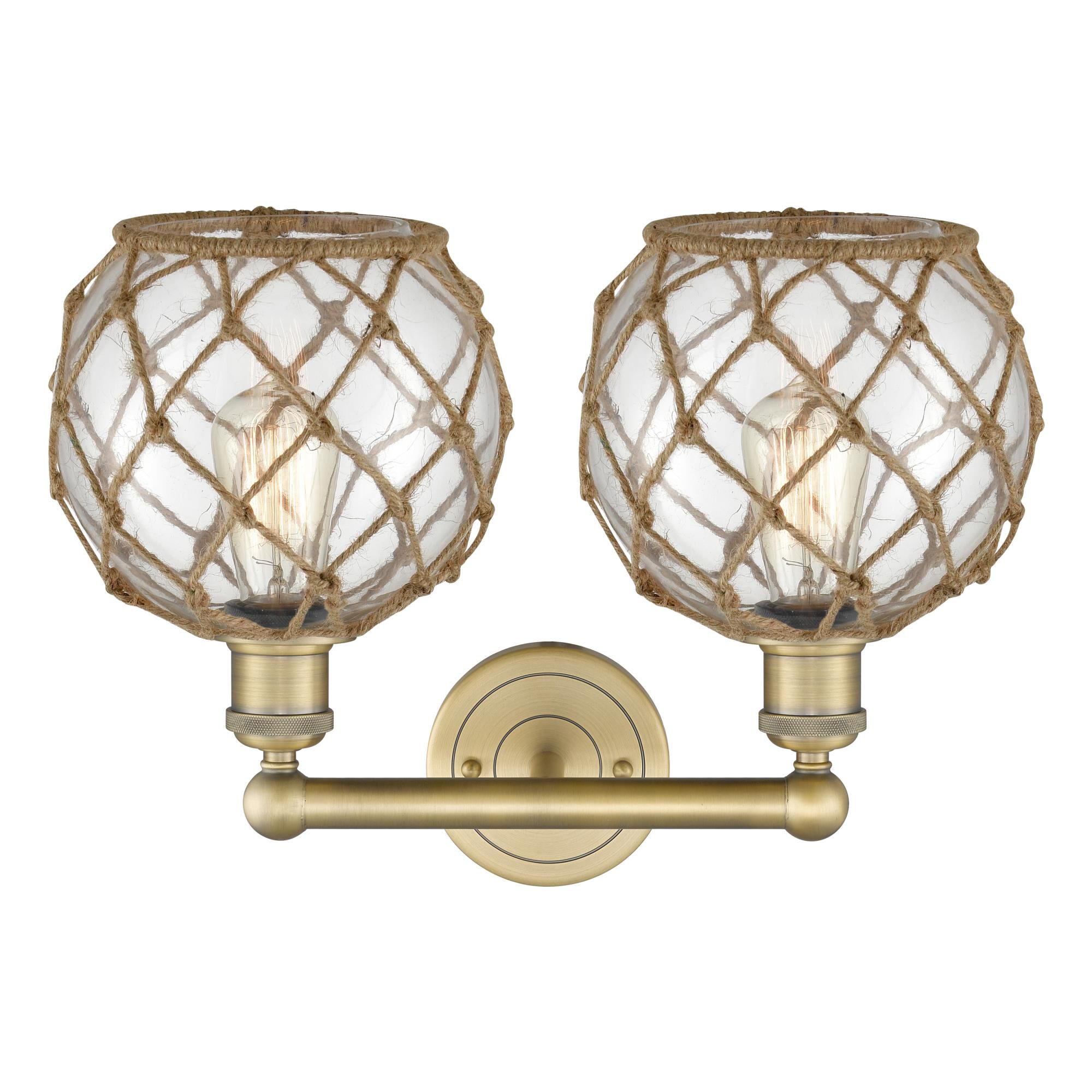 Shown in Brushed Brass finish and Clear with Brown Rope glass