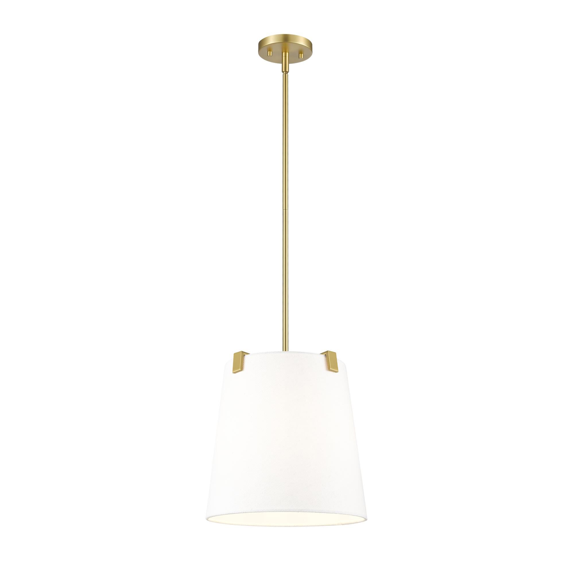 Shown in Modern Gold finish and White Linen glass and White Linen shade