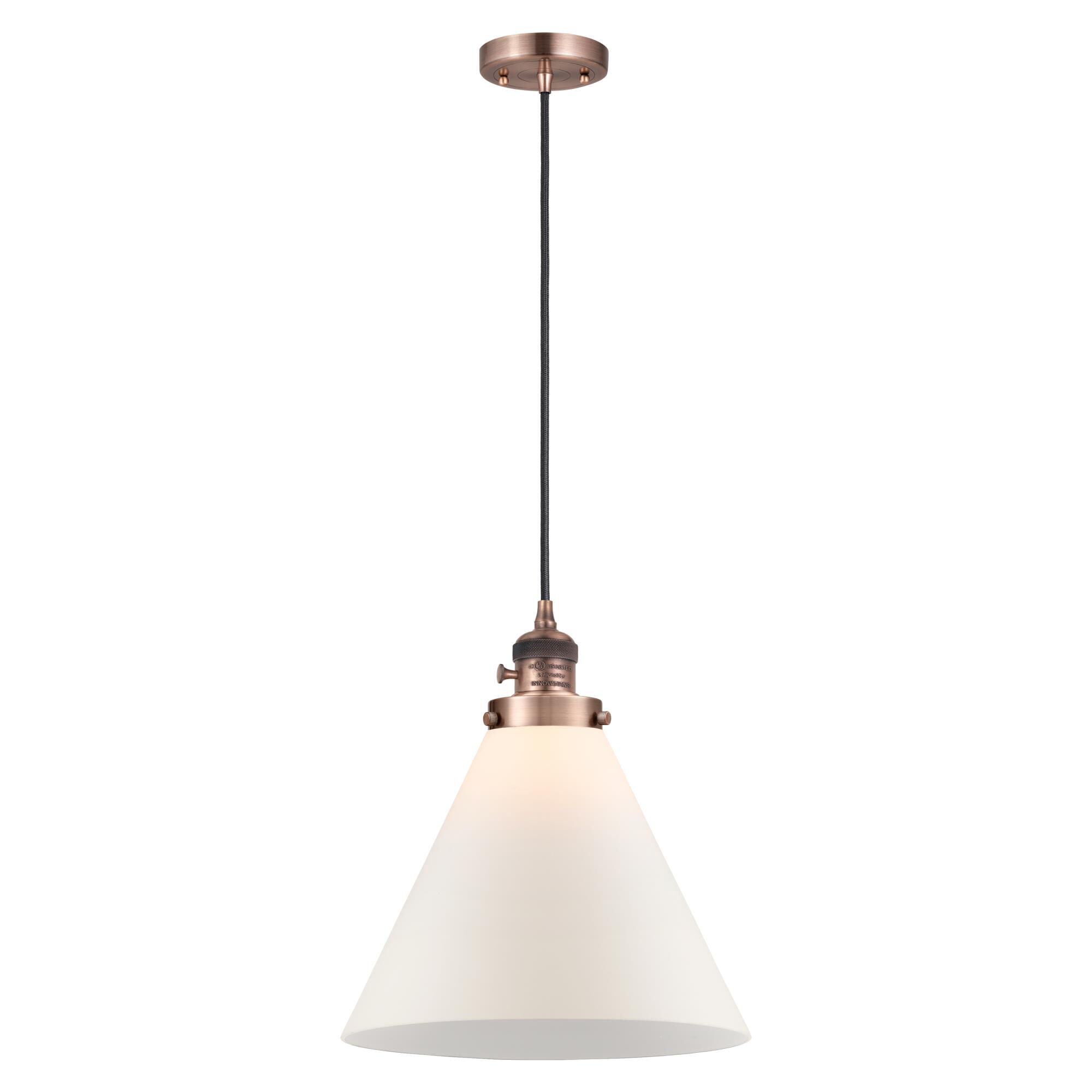 Shown in Antique Copper finish and Matte White Cased glass