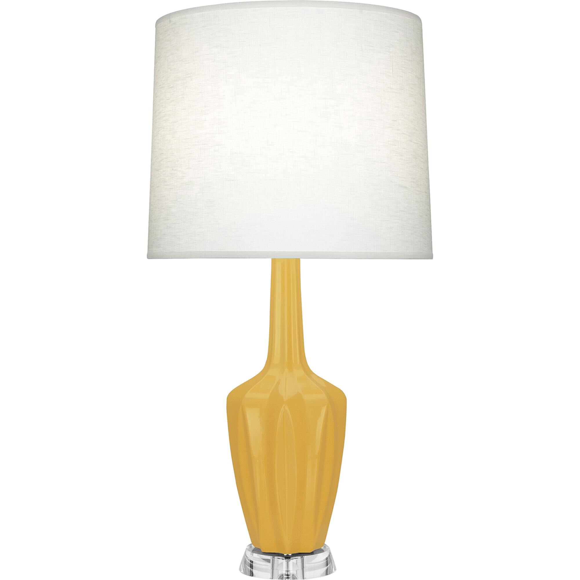 Shown in Sunset finish and Off White shade and Polished Nickel with Lucite accent