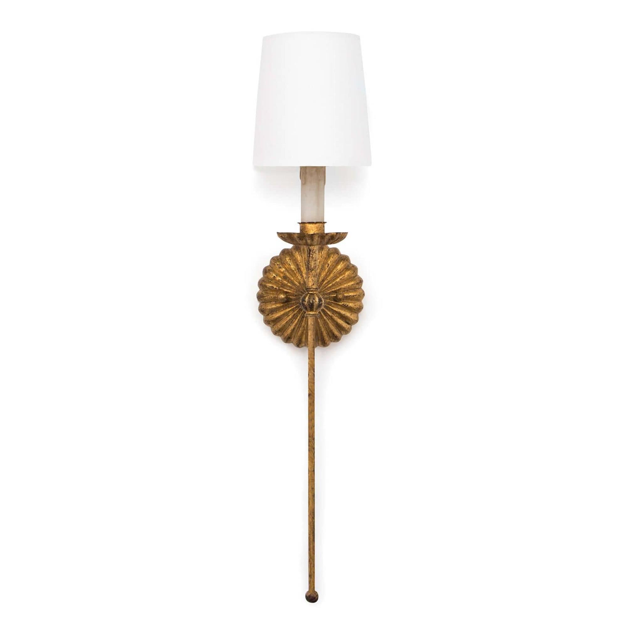 Shown in Antique Gold Leaf finish and Linen shade