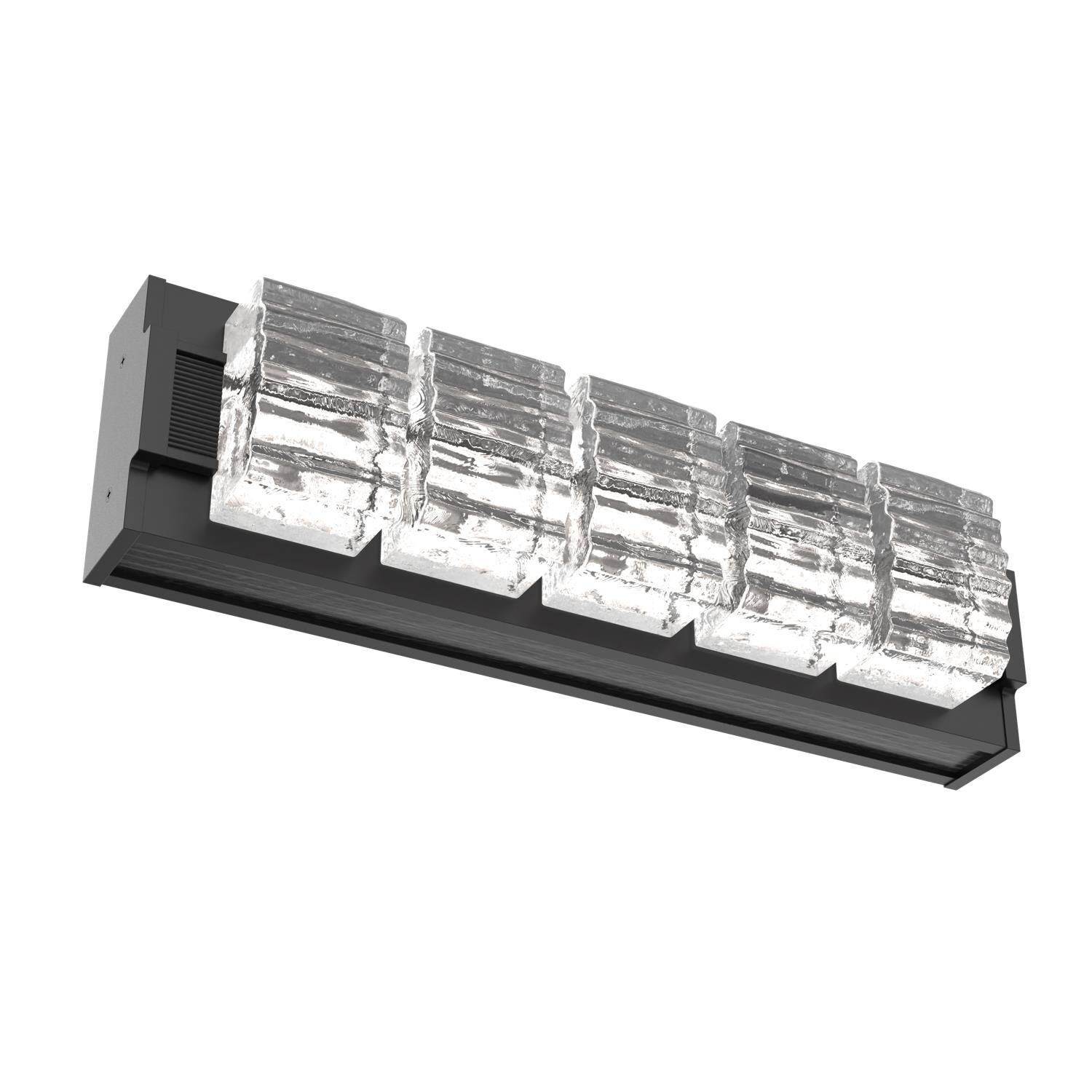 Shown in Matte Black finish and Clear Ribbed glass and Dark Oak accent