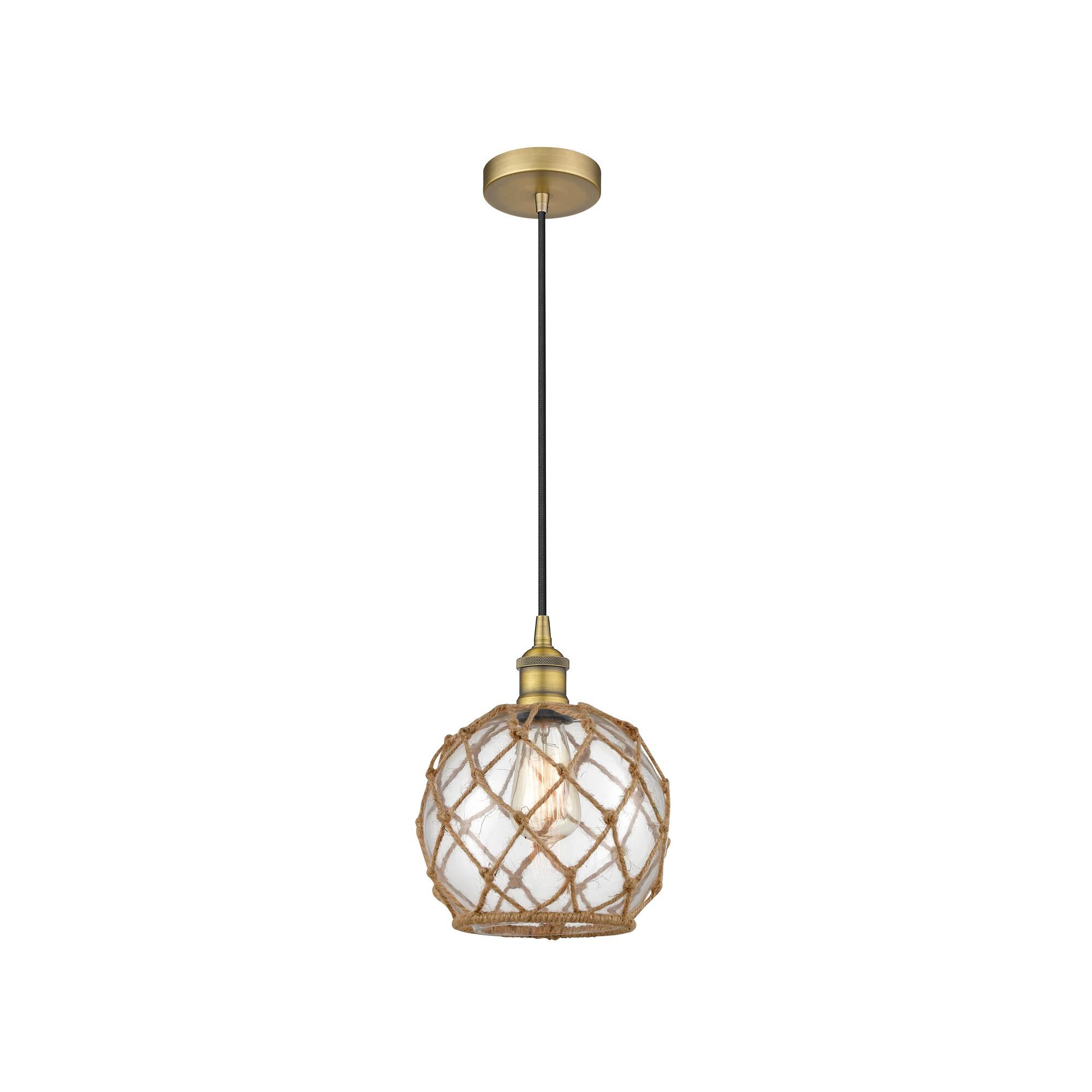 Shown in Brushed Brass finish and Clear Farmhouse With Brown Rope glass