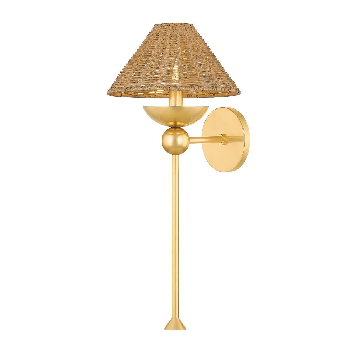 Shown in Aged Brass finish and Natural Woven shade