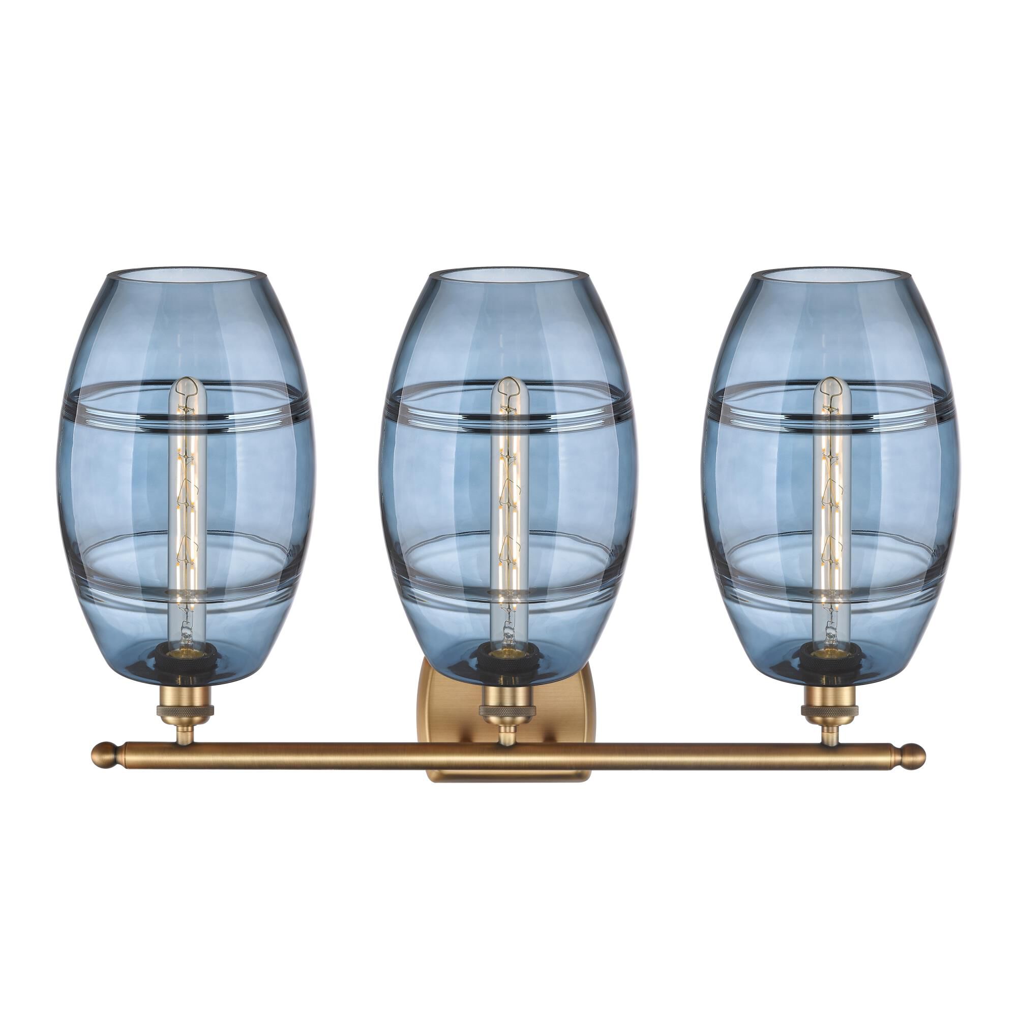 Shown in Brushed Brass finish and Princess Blue glass