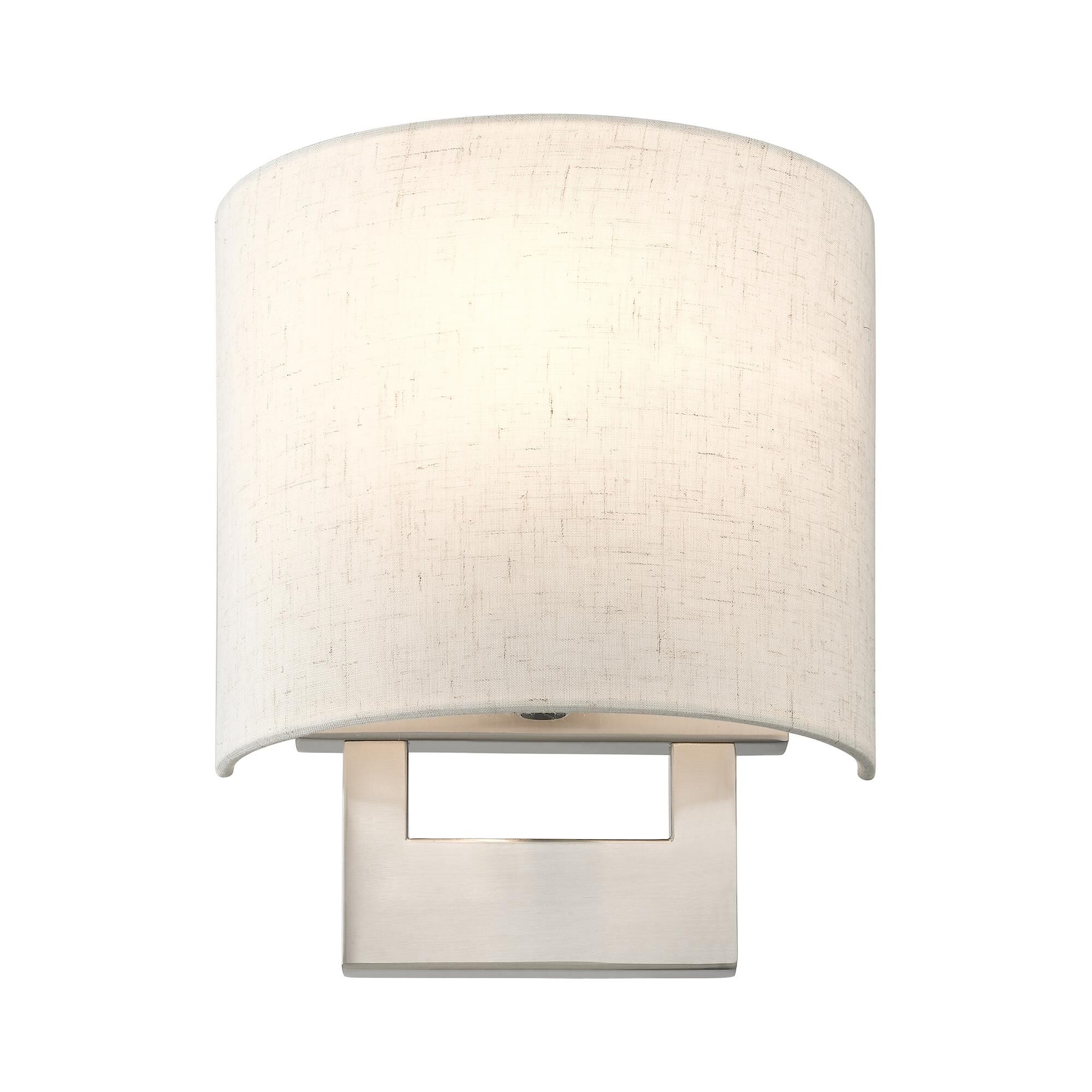 Shown in Brushed Nickel finish and Hand Crafted Oatmeal Color Hardback Fabric with White Fabric Inside shade
