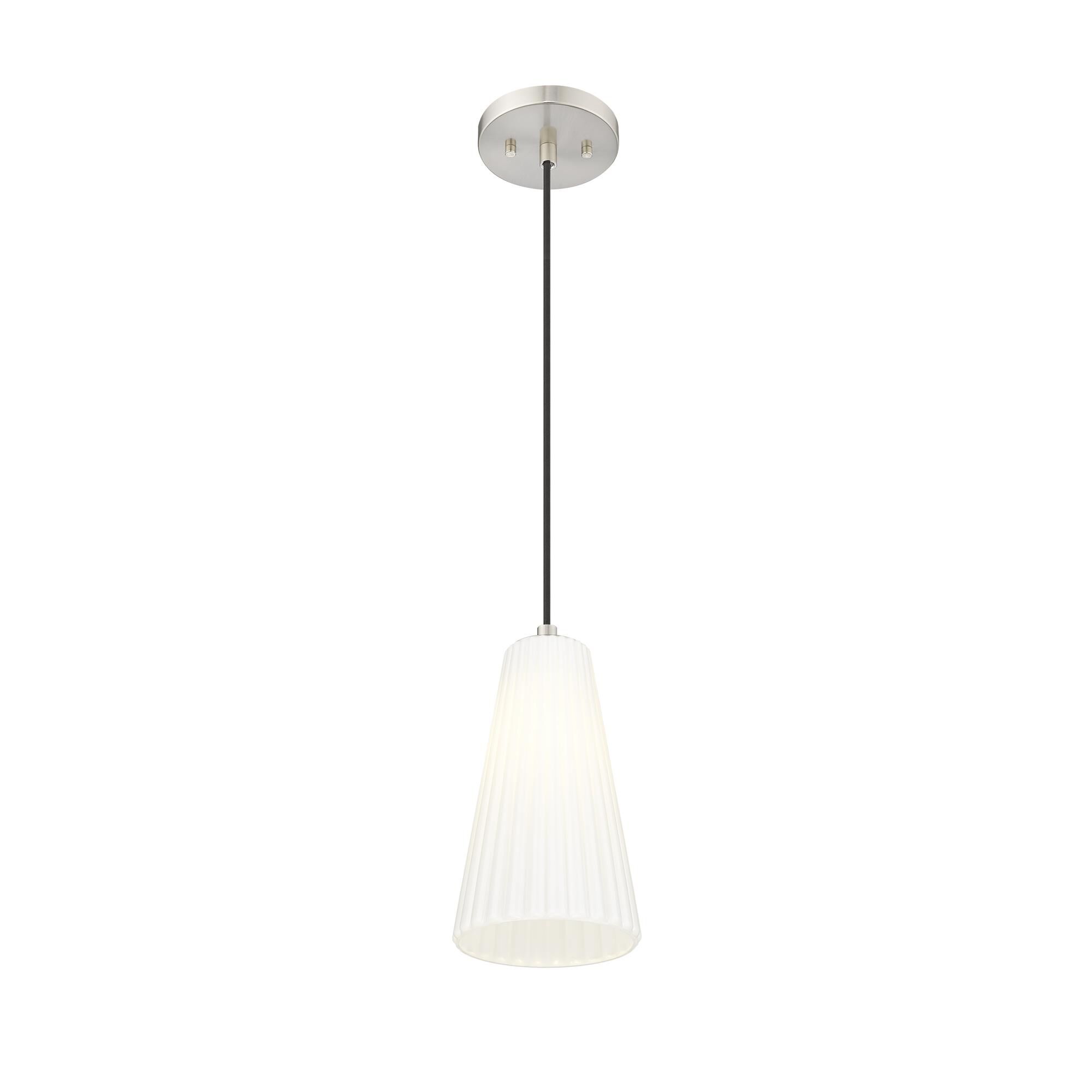 Shown in Brushed Nickel finish and White glass and White shade