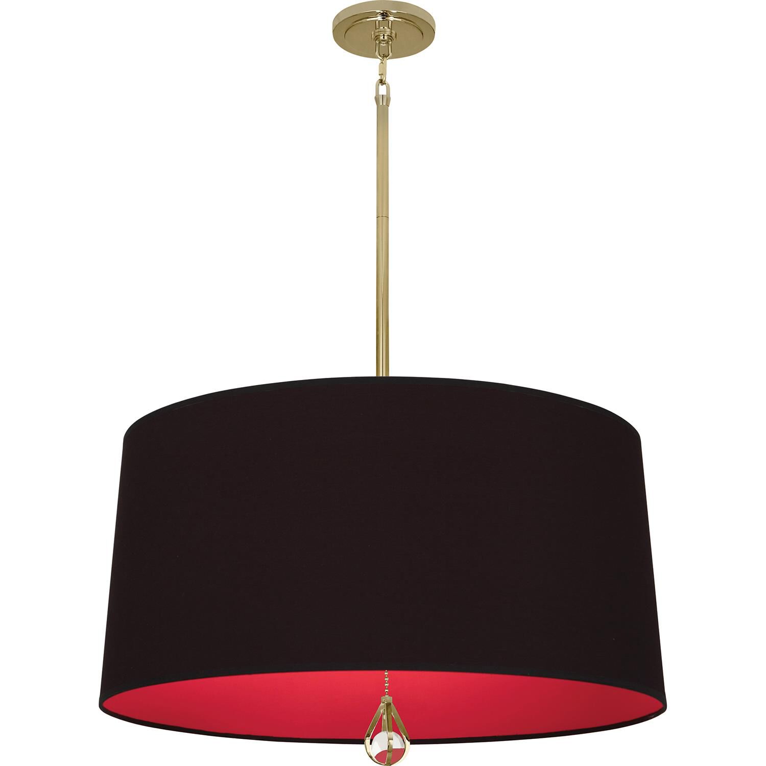 Shown in Modern Brass finish and Blacksmith Black Fabric With Richmond Red Lining shade