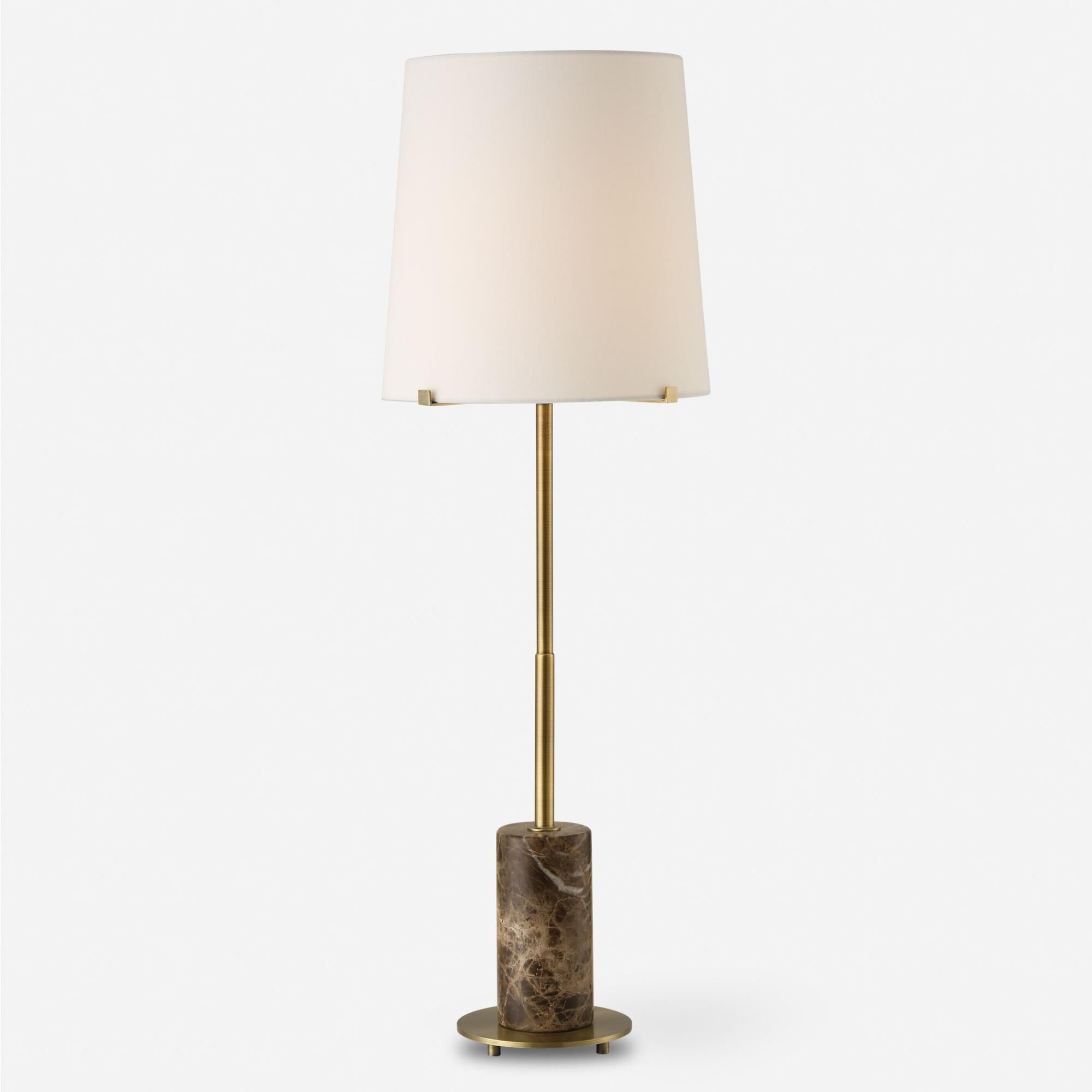 Shown in The Sepia Buffet Lamp Showcases A Brown Marble Cylinder Base Accented With Plated Antique Brass Deta finish and Round Hardback  Rolled Edge shade