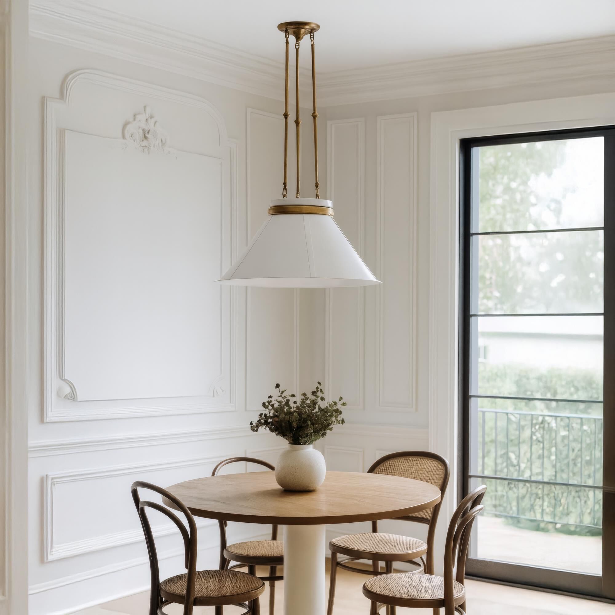 Shown in White and Brass finish and White shade