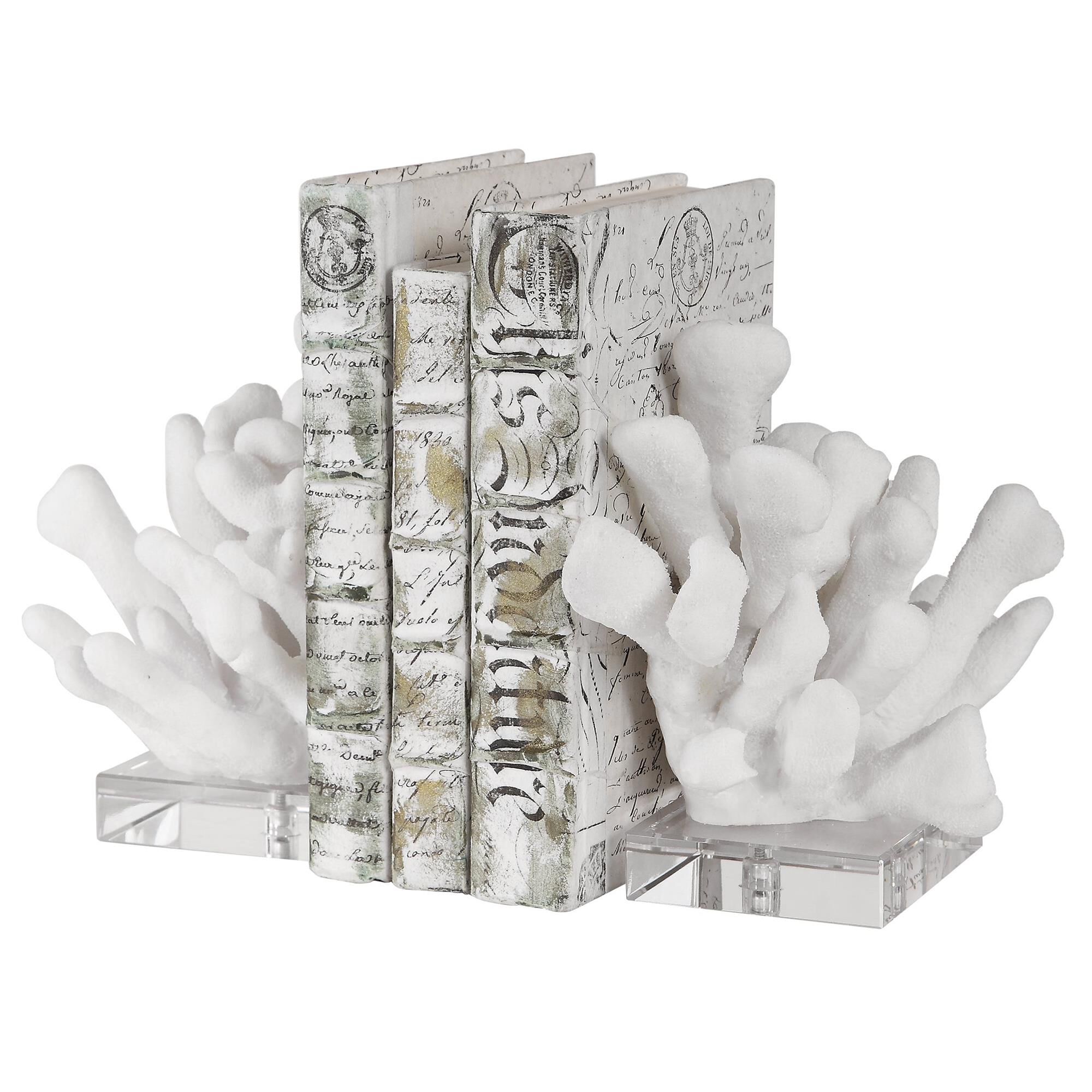 Shown in Set Of Two Bookends Featuring Textured Faux White Coral On Crystal Bases. Sizes: S- 5x9x8, L- 6x9x8 finish