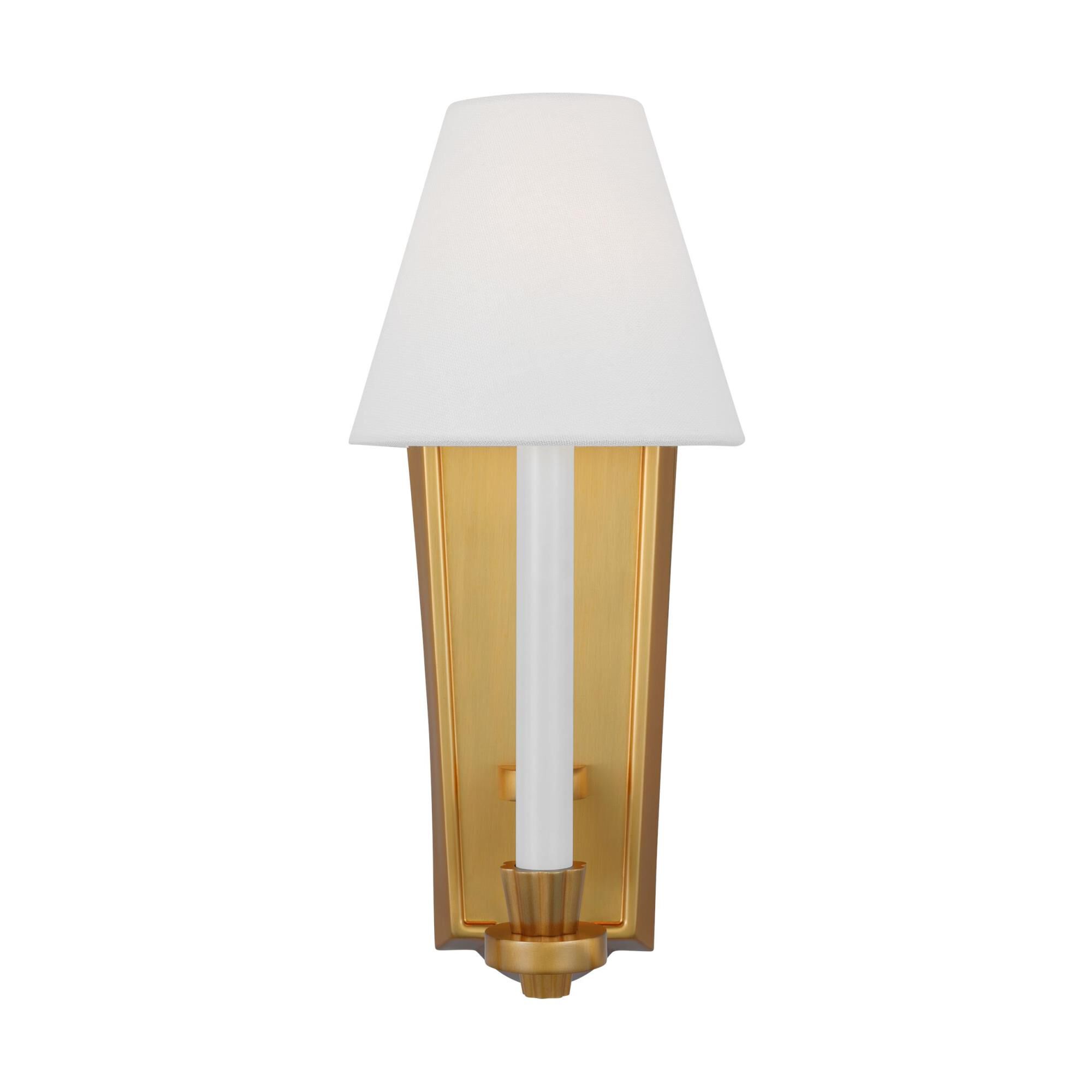 Shown in Burnished Brass finish and White Linen Fabric shade