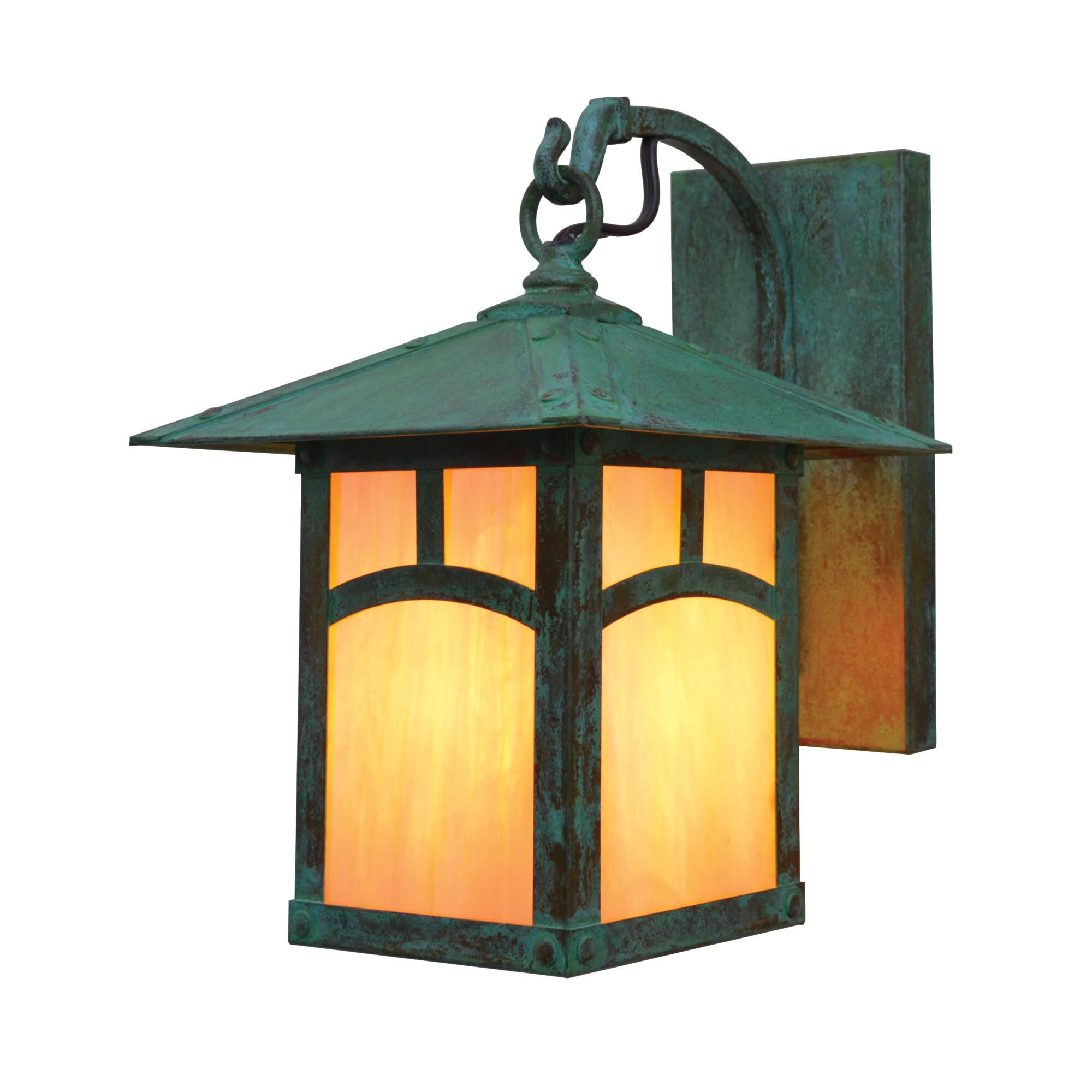 Shown in Verdigris Patina finish and Gold White Iridescent glass and Classic Arch accent