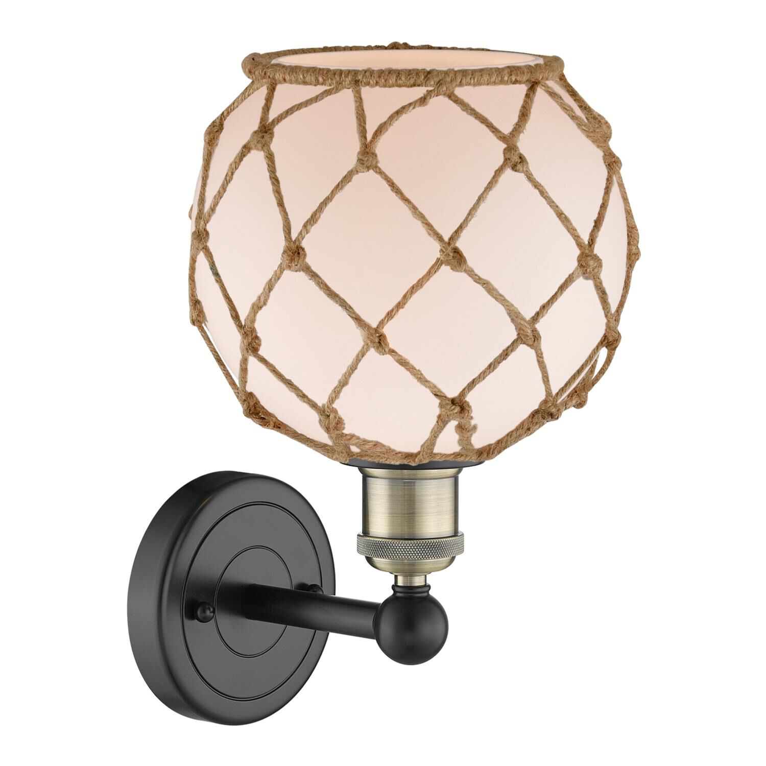 Shown in Black Antique Brass finish and White with Brown Rope glass