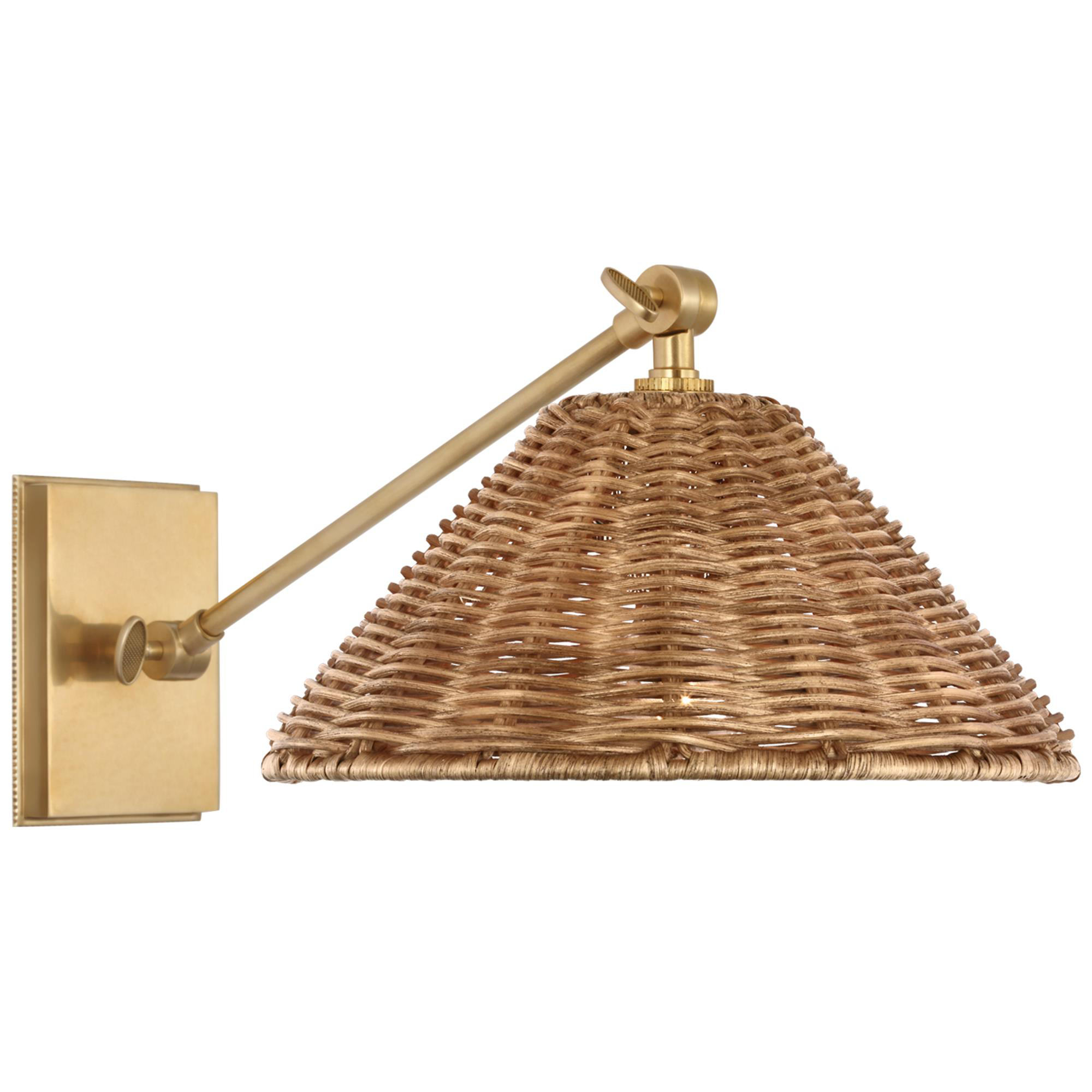 Shown in Soft Brass finish and Natural Wicker shade