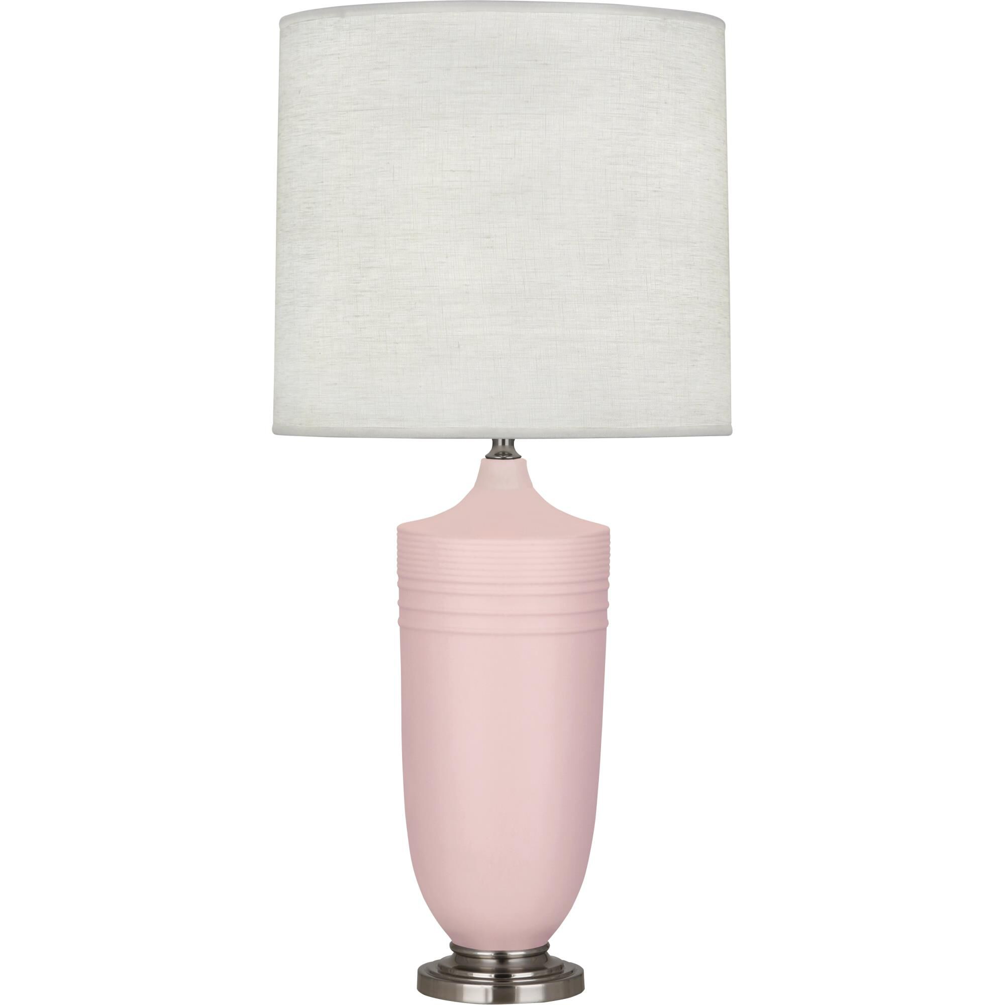 Shown in Matte Woodrose Glazed Ceramic With Dark Antique Nickel Accents finish and Oyster Linen shade