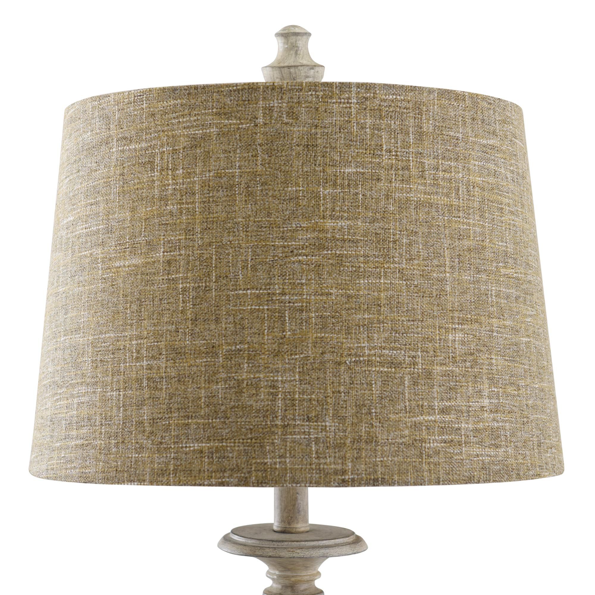 Shown in Distressed Off White Cream, Ivory, Cream, Tan finish and Heathered Taupe Polyester Fabric shade