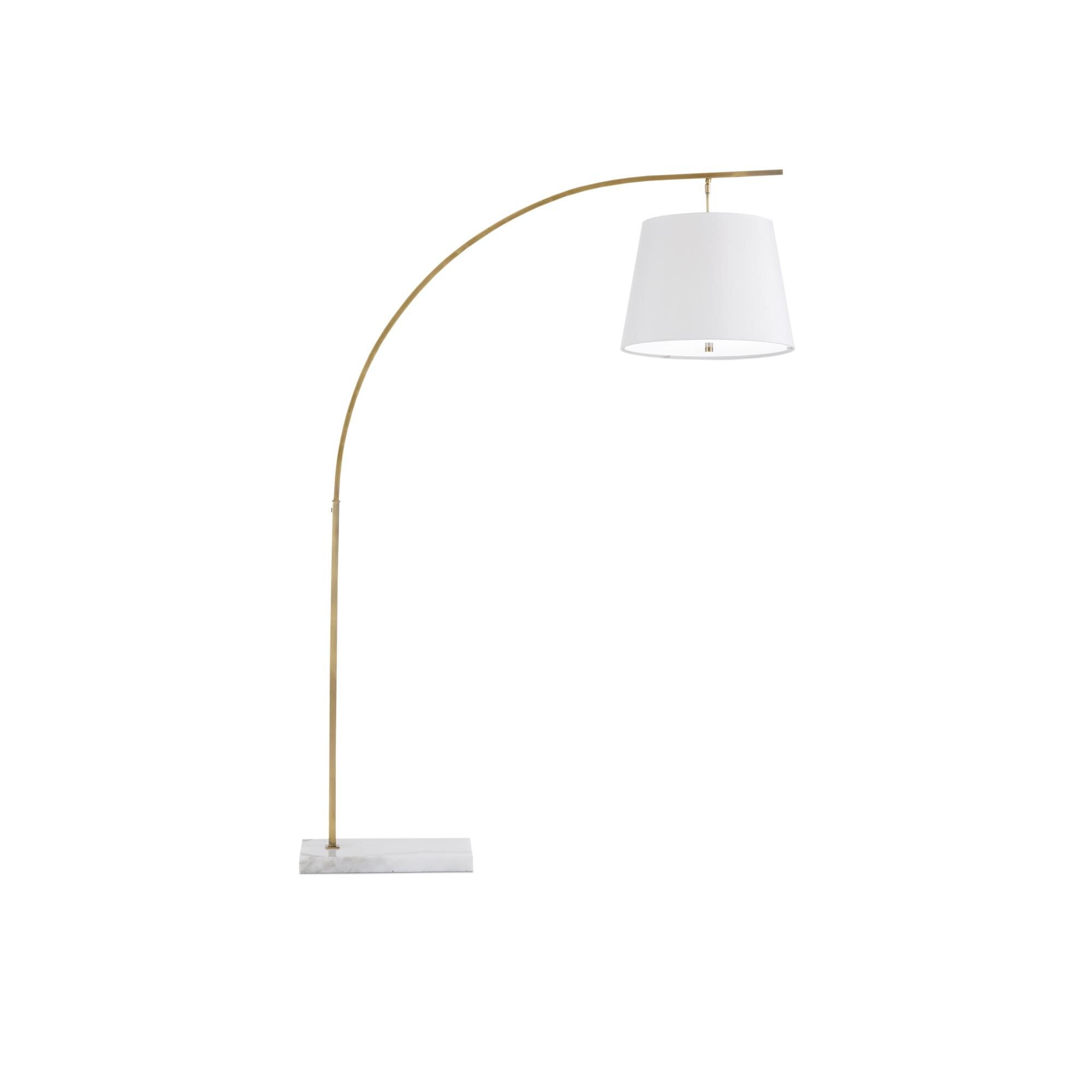 Shown in Antique Brass, White finish and Off-White Shantung with White Acrylic Diffuser shade