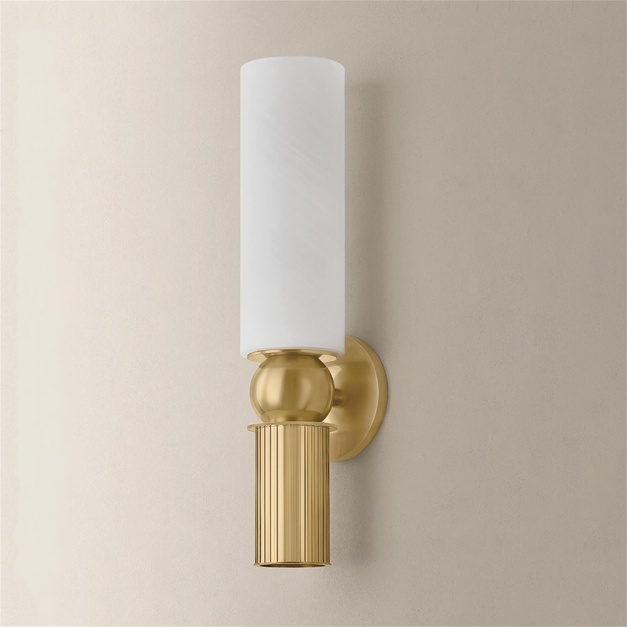 Shown in Vintage Brass finish and Matte Cloud glass