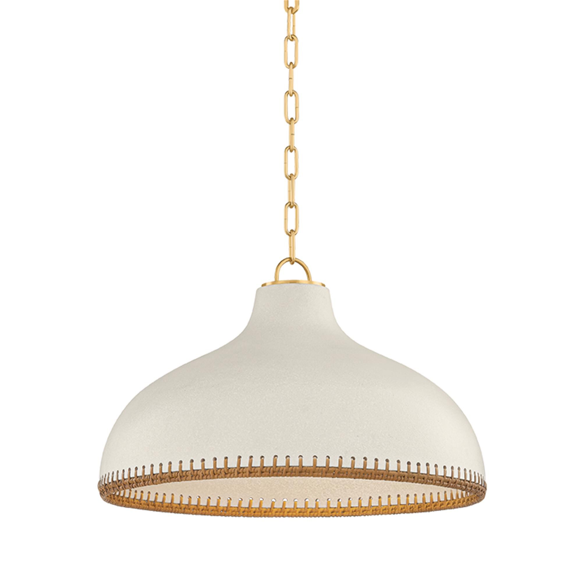 Shown in Aged Brass and Ceramic Cream Pebble finish and Rattan Weave Ceramic shade