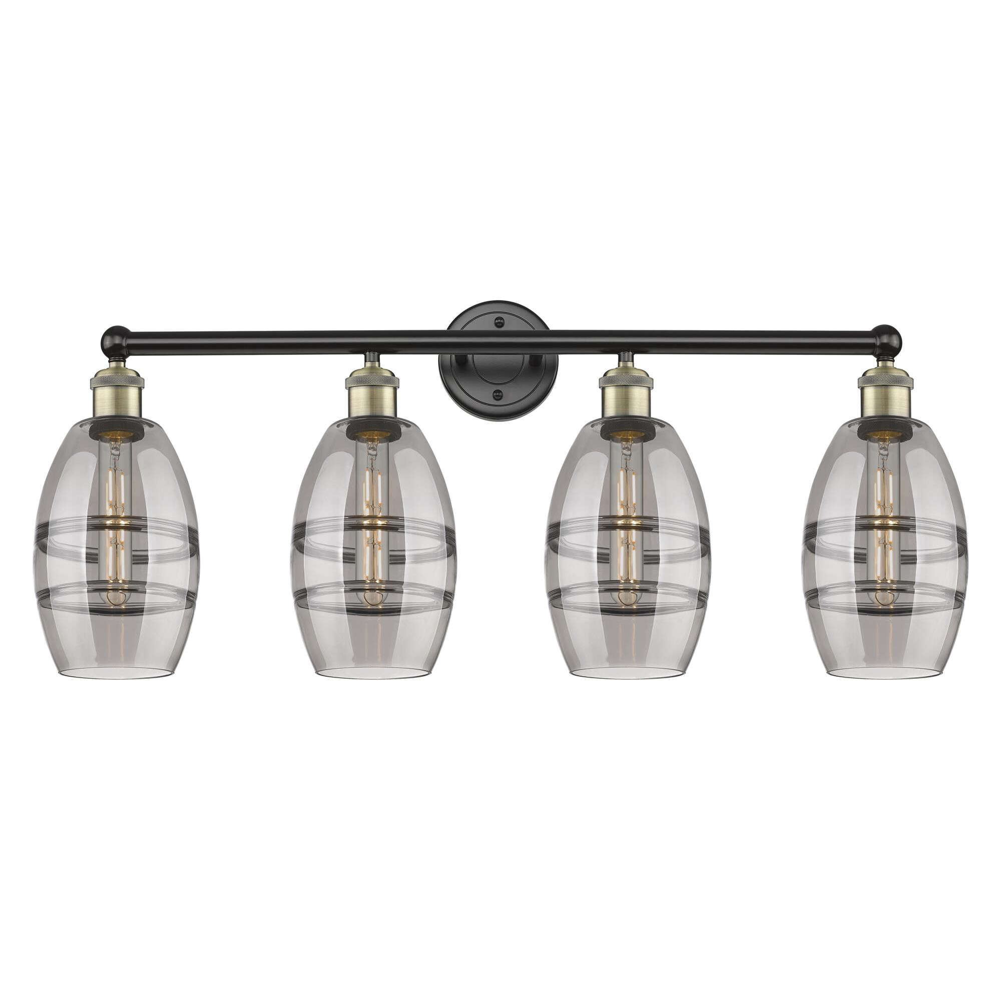 Shown in Black Antique Brass finish and Light Smoke glass