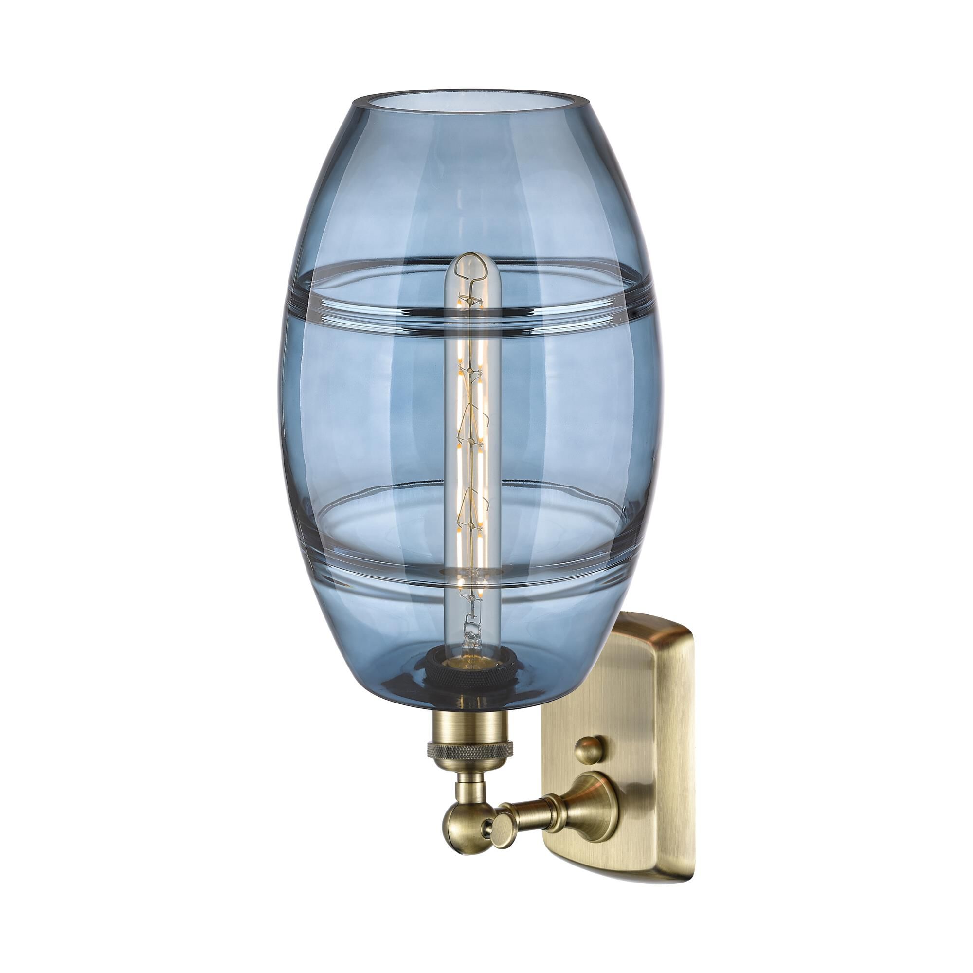 Shown in Antique Brass finish and Princess Blue glass