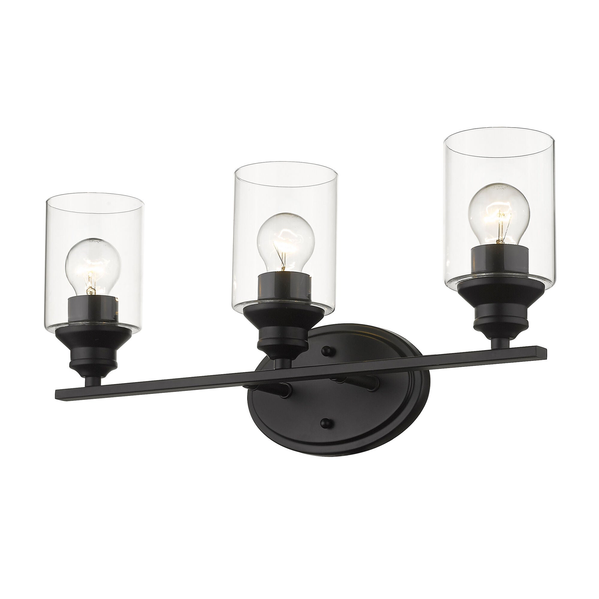 Shown in Matte Black finish and Clear glass and Clear, Cylindrical Glass s shade