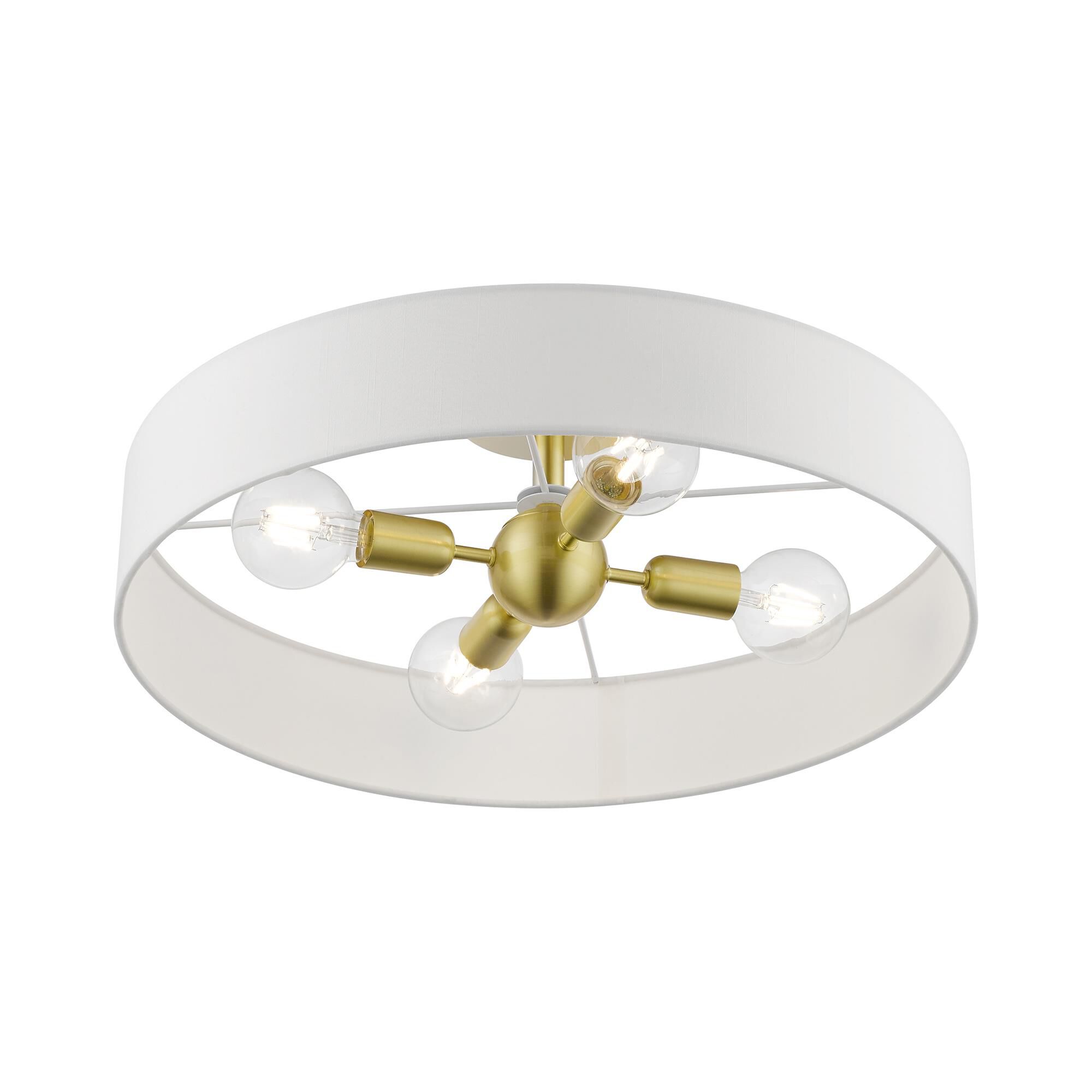 Shown in Satin Brass with Shiny White Accents finish and Hand Crafted Off-White Hardback Fabric shade