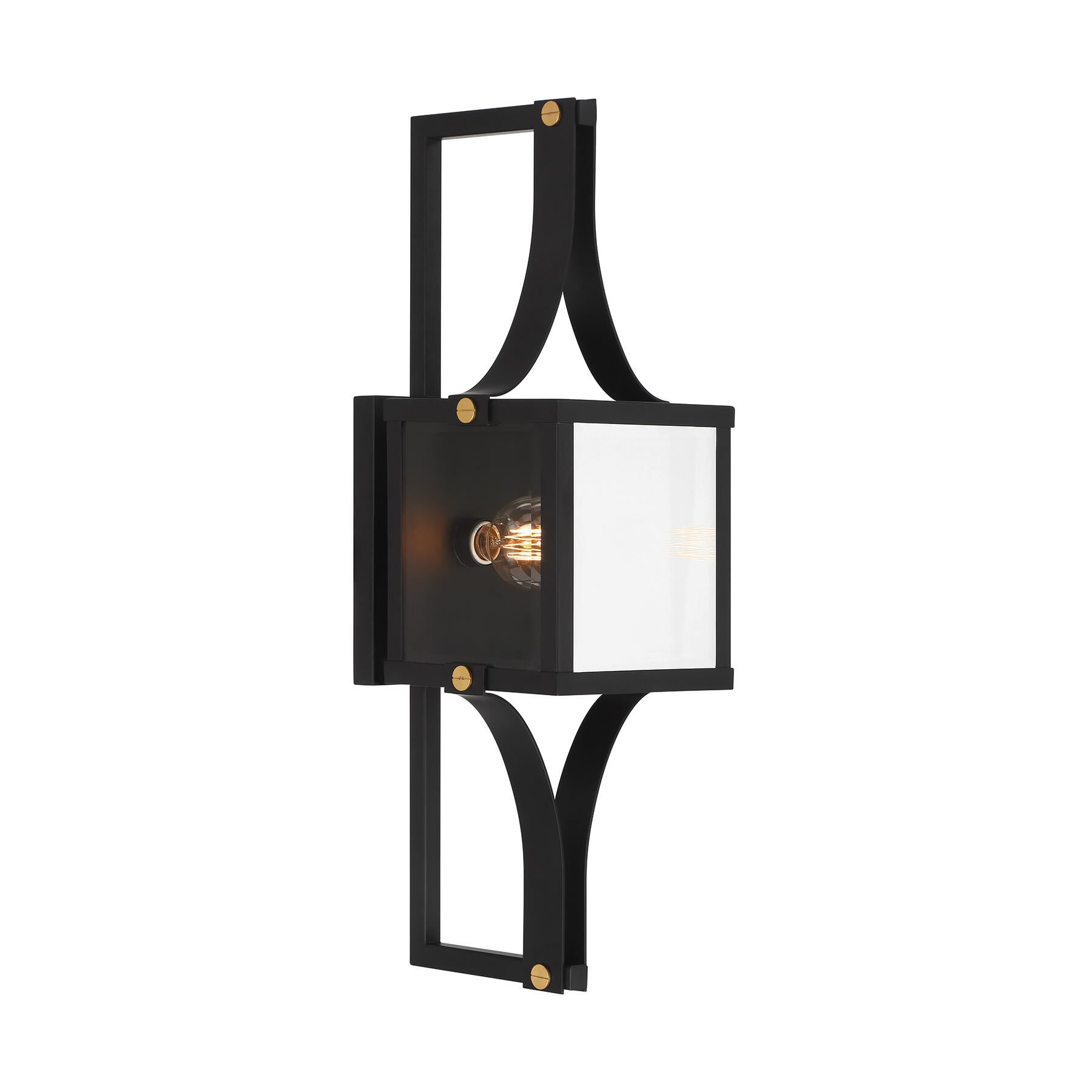 Shown in Matte Black And Weathered Brushed Brass finish and Beveled Clear glass