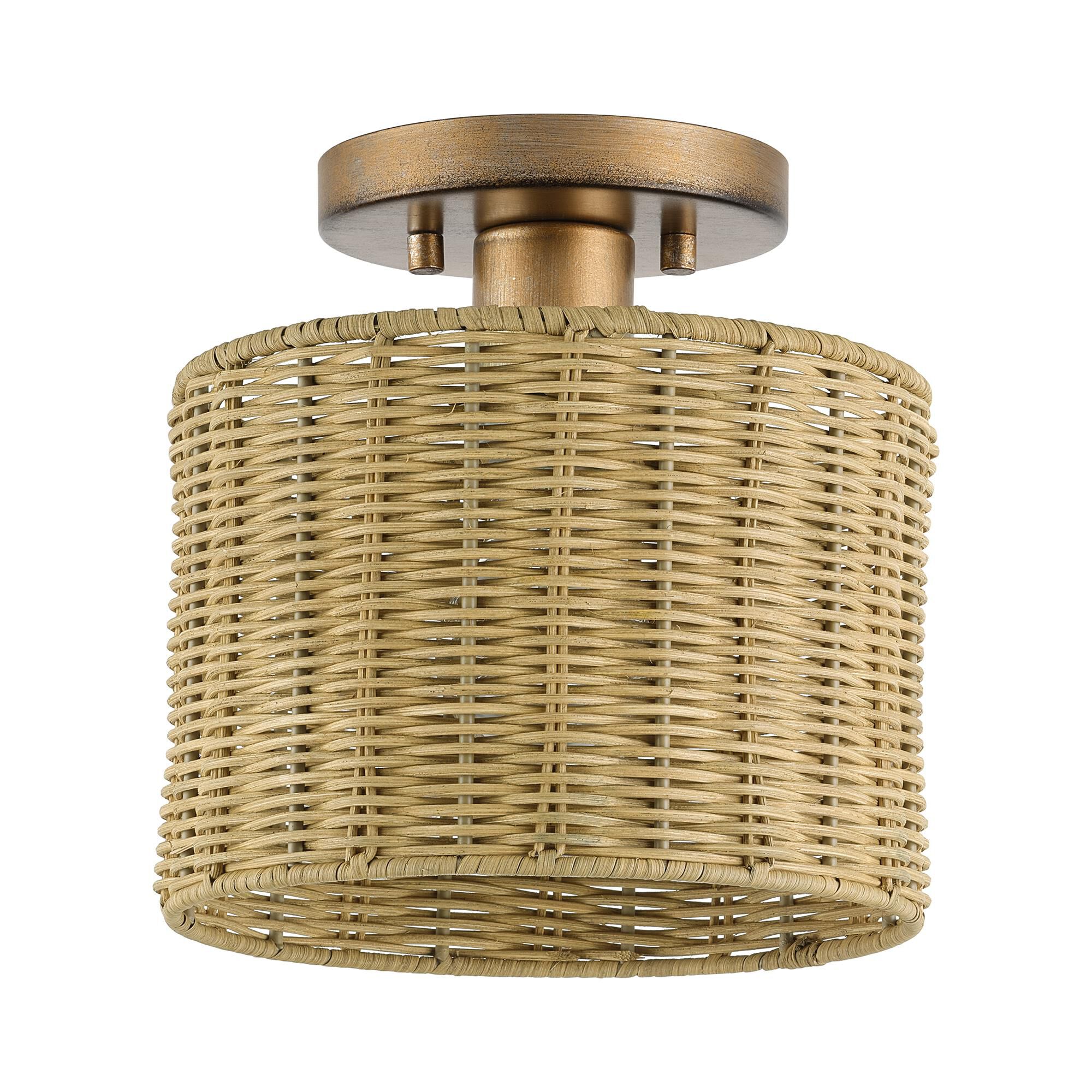 Shown in Antique Gold Leaf finish and Hand-Woven Rustic Walnut Color Rattan shade